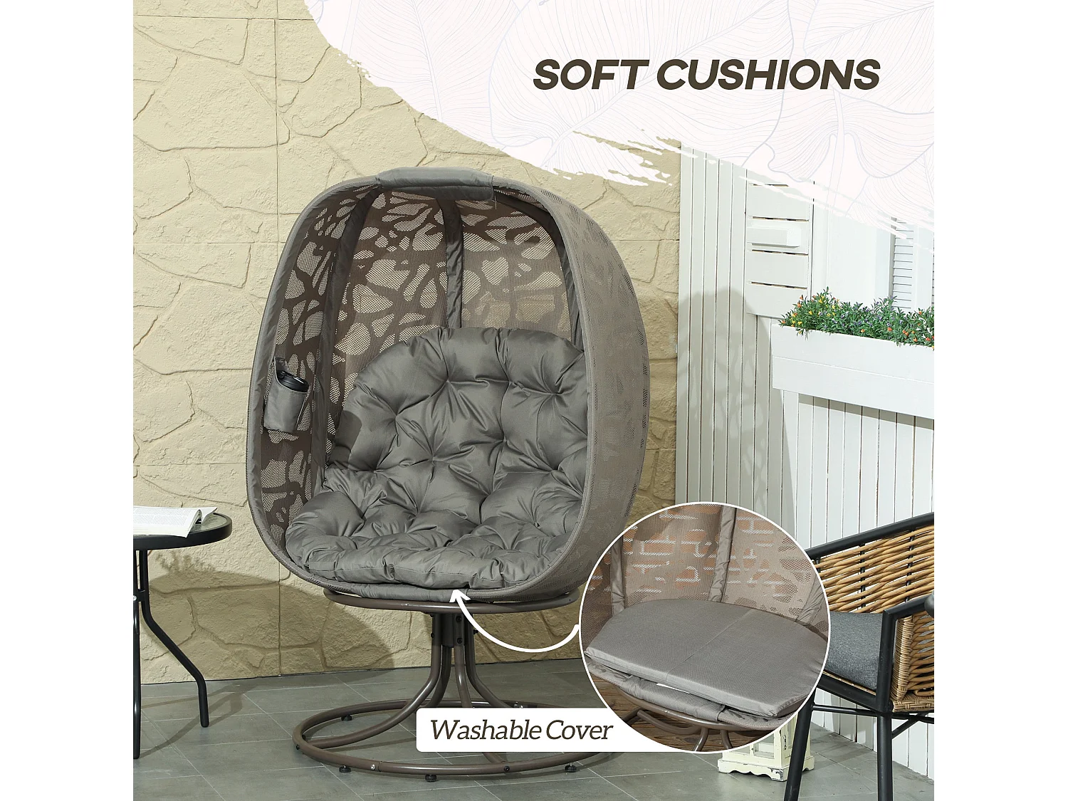 Sand Brown Swivel Egg Chair with Cushions Rattan Style Mesh Powder Coated Steel Frame