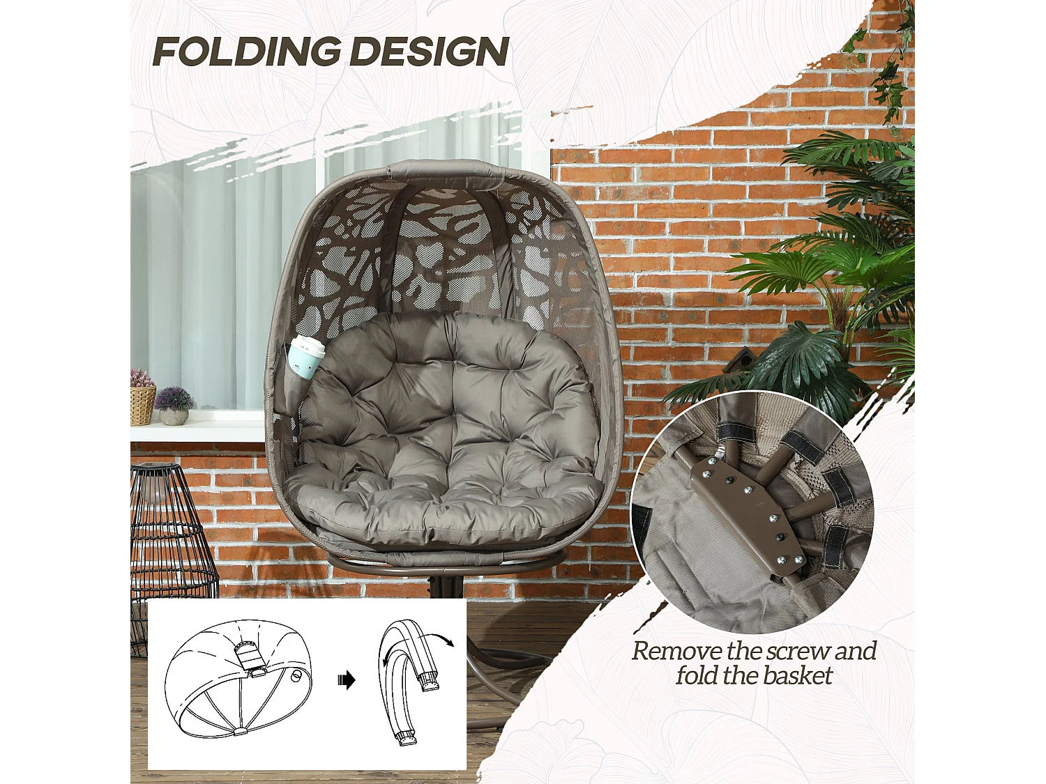 Sand Brown Swivel Egg Chair with Cushions Rattan Style Mesh Powder Coated Steel Frame