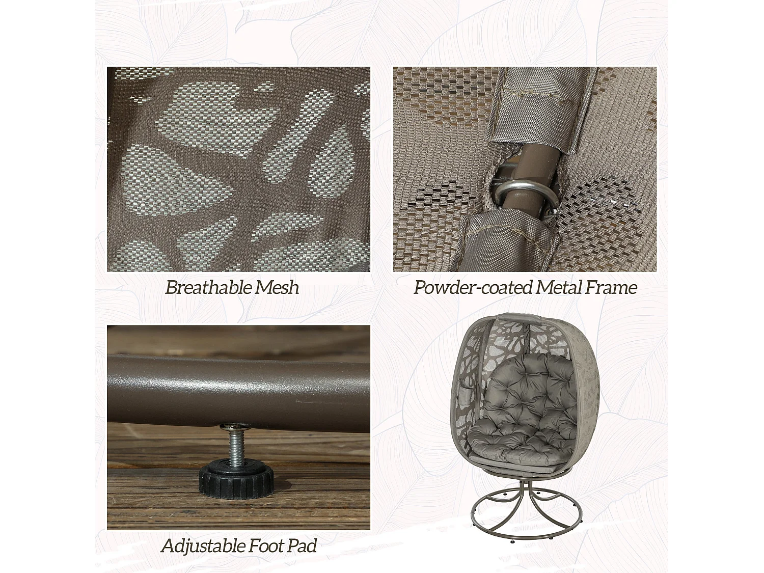 Sand Brown Swivel Egg Chair with Cushions Rattan Style Mesh Powder Coated Steel Frame