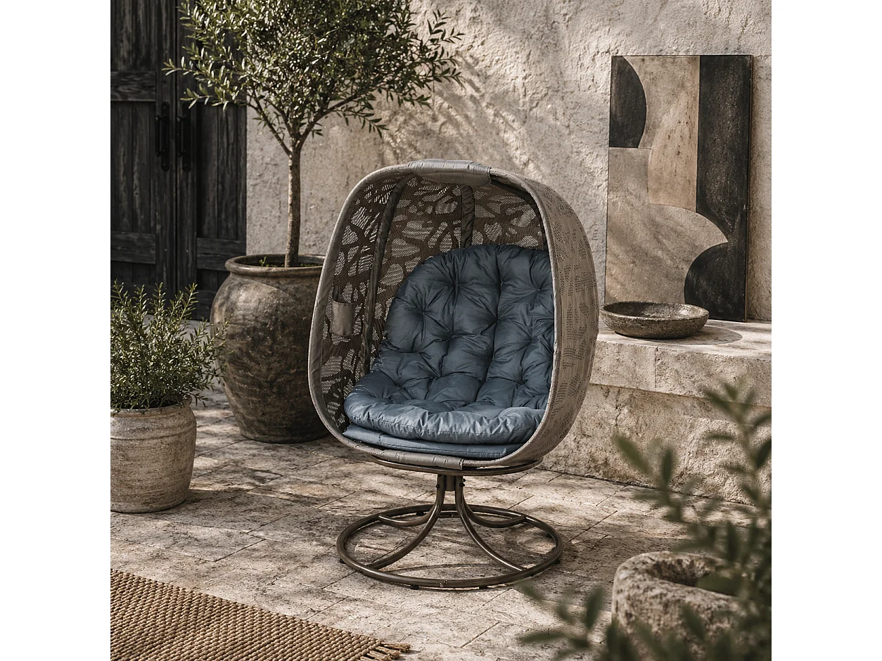 Sand Brown Swivel Egg Chair with Cushions Rattan Style Mesh Powder Coated Steel Frame