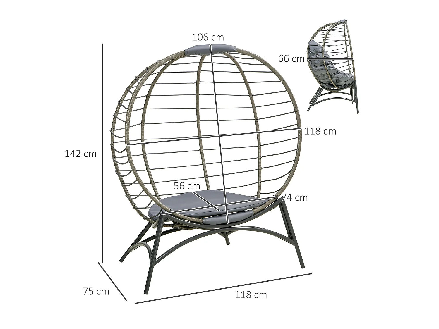 Ranido Grey Folding Egg Chair Steel Frame PE Rattan Weave Padded Cushion Side Pocket