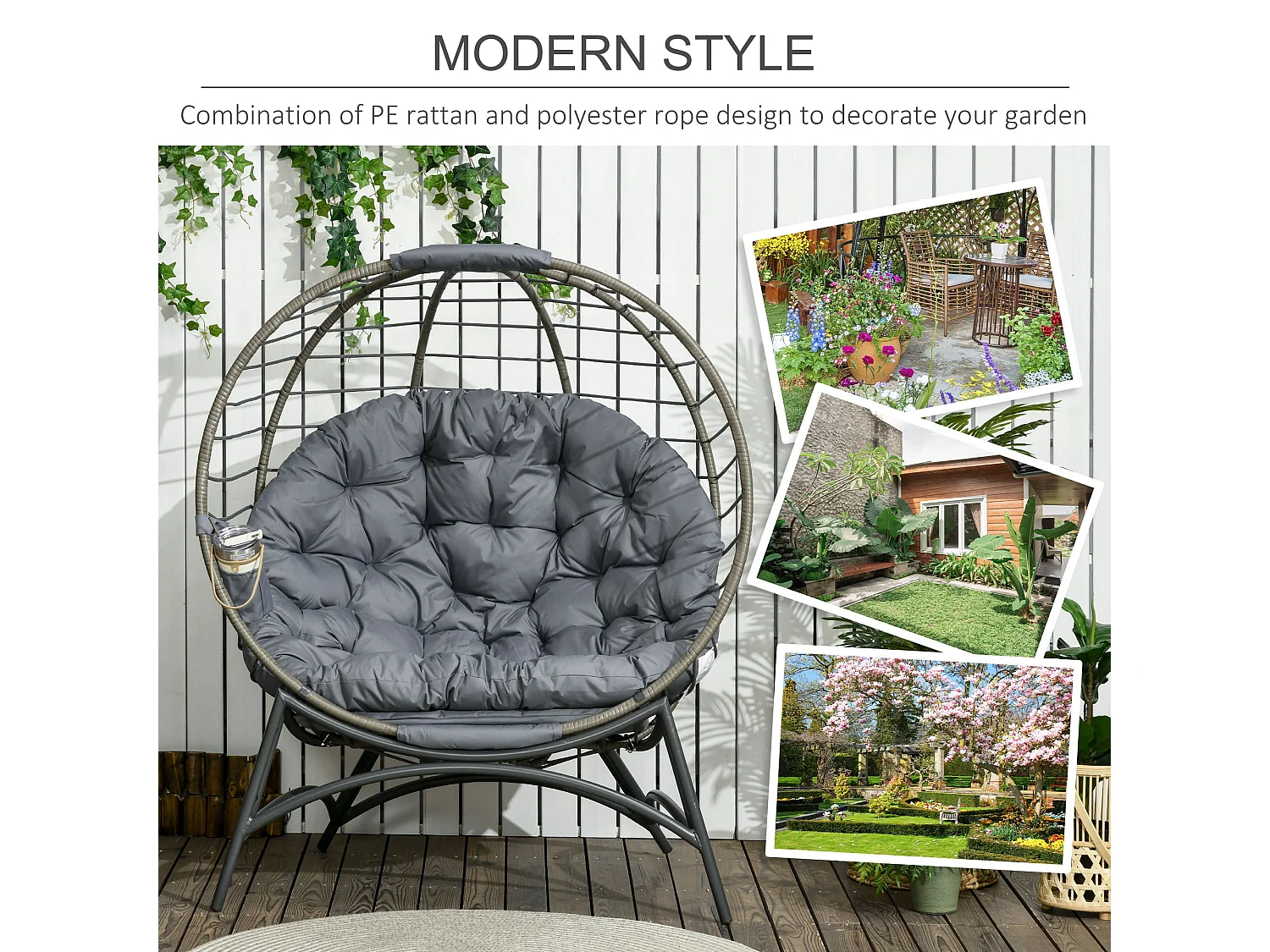Ranido Grey Folding Egg Chair Steel Frame PE Rattan Weave Padded Cushion Side Pocket