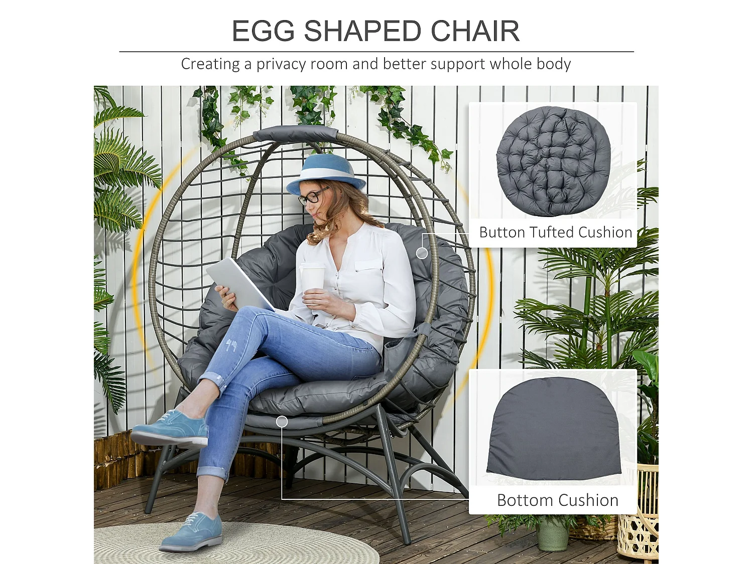 Ranido Grey Folding Egg Chair Steel Frame PE Rattan Weave Padded Cushion Side Pocket