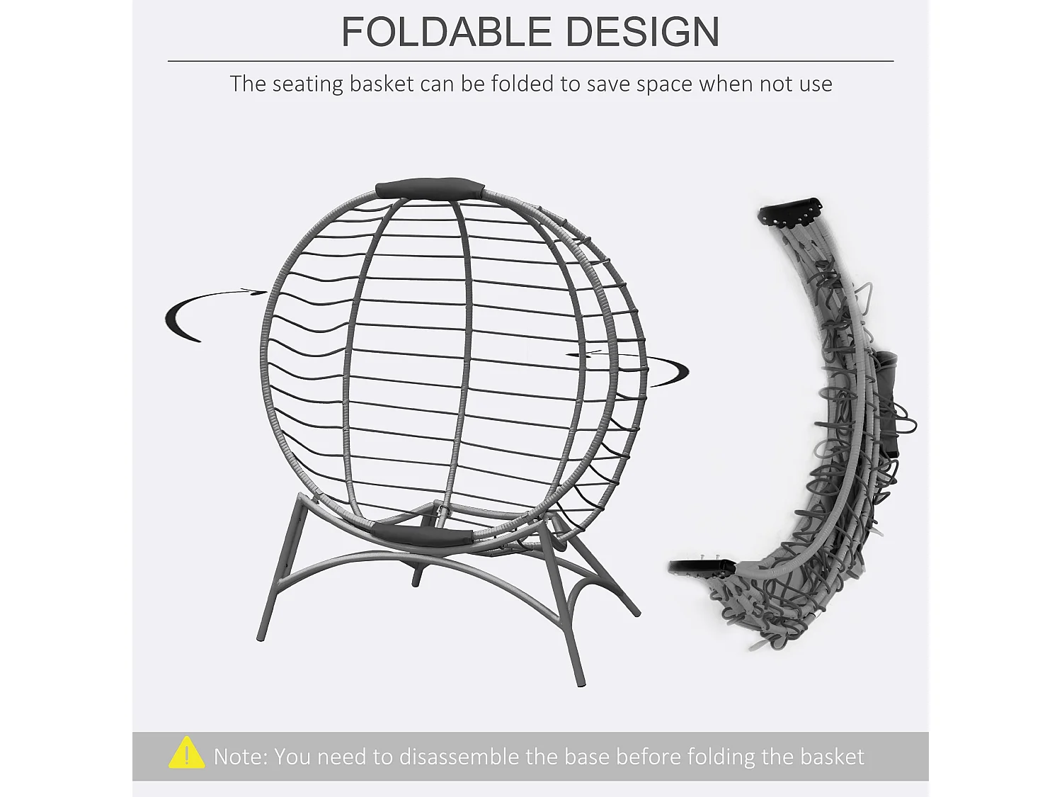 Ranido Grey Folding Egg Chair Steel Frame PE Rattan Weave Padded Cushion Side Pocket
