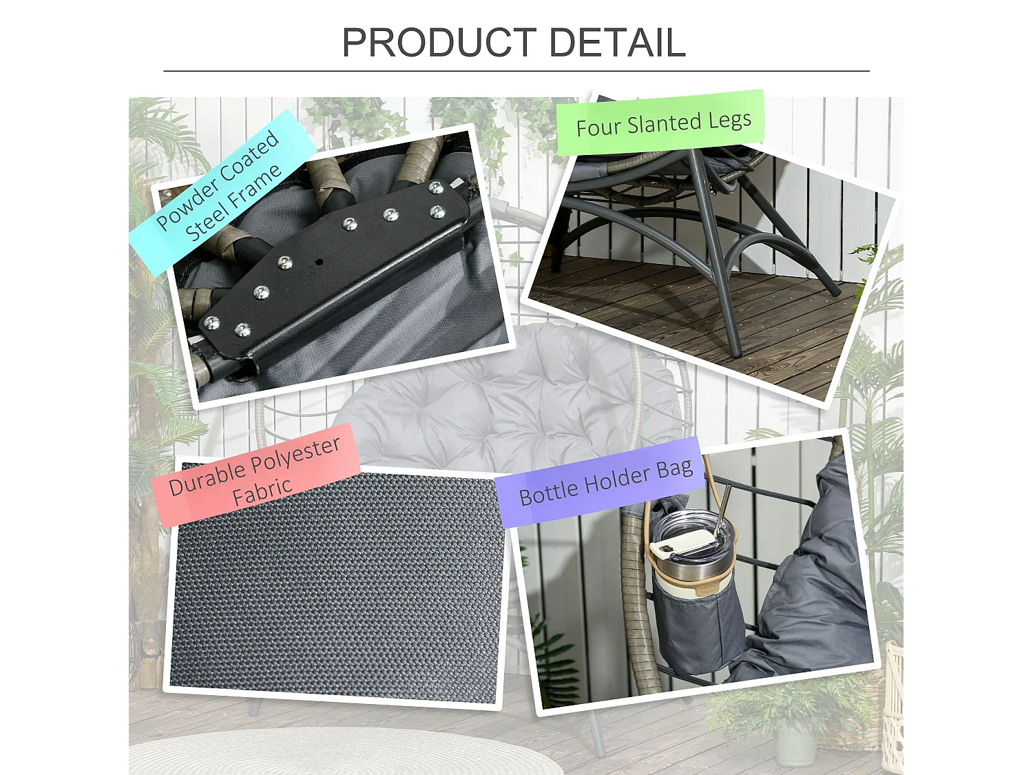 Ranido Grey Folding Egg Chair Steel Frame PE Rattan Weave Padded Cushion Side Pocket