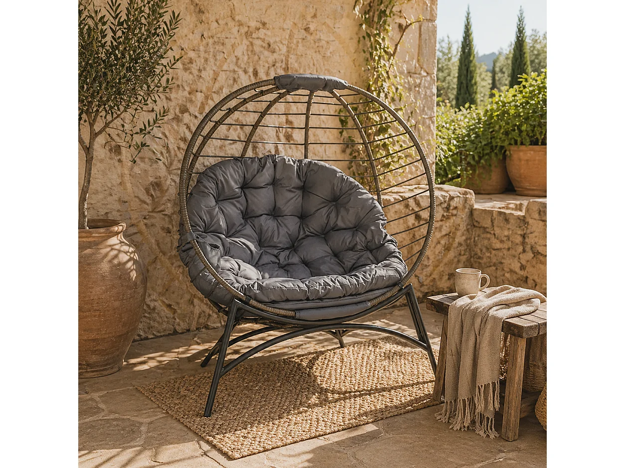 Ranido Grey Folding Egg Chair Steel Frame PE Rattan Weave Padded Cushion Side Pocket