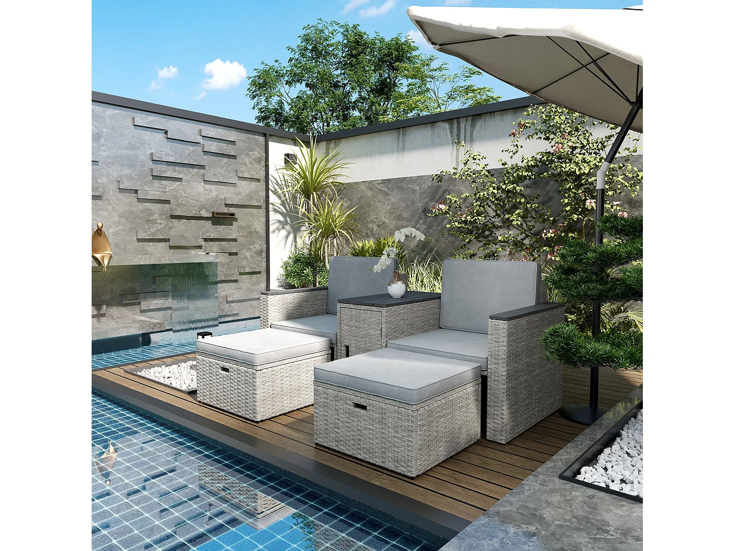 Naleni Grey 5 Piece Rattan Nesting Bistro Set with Footstools and Storage Table