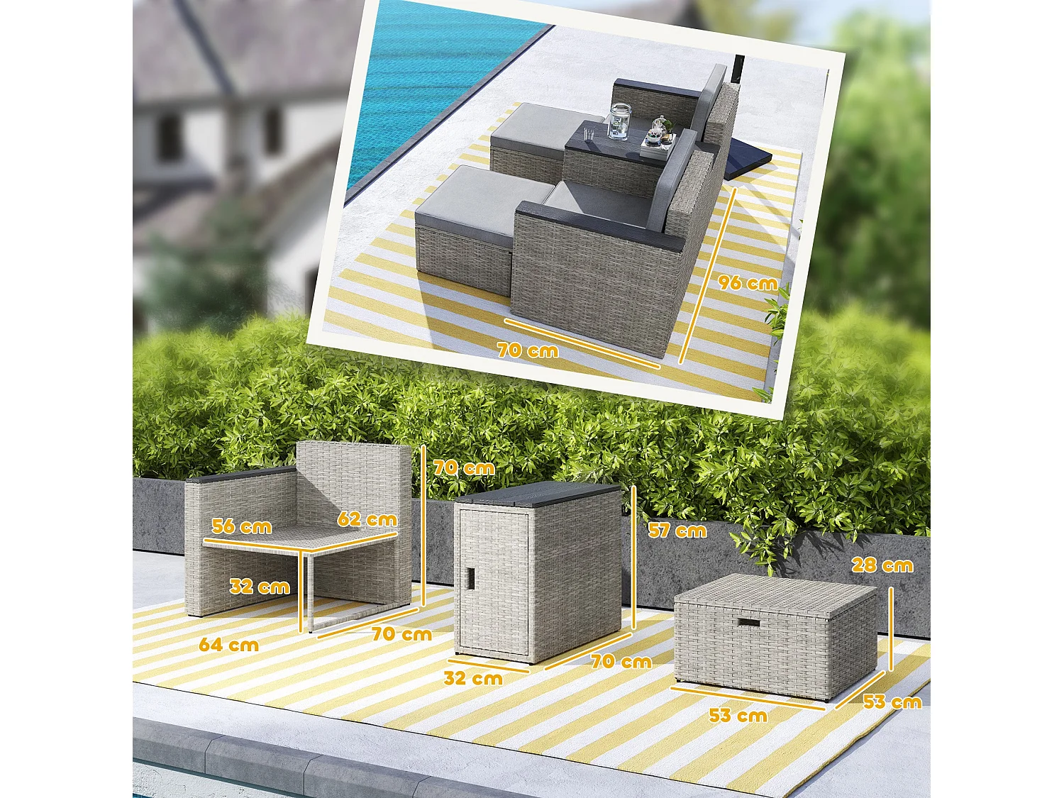 Naleni Grey 5 Piece Rattan Nesting Bistro Set with Footstools and Storage Table