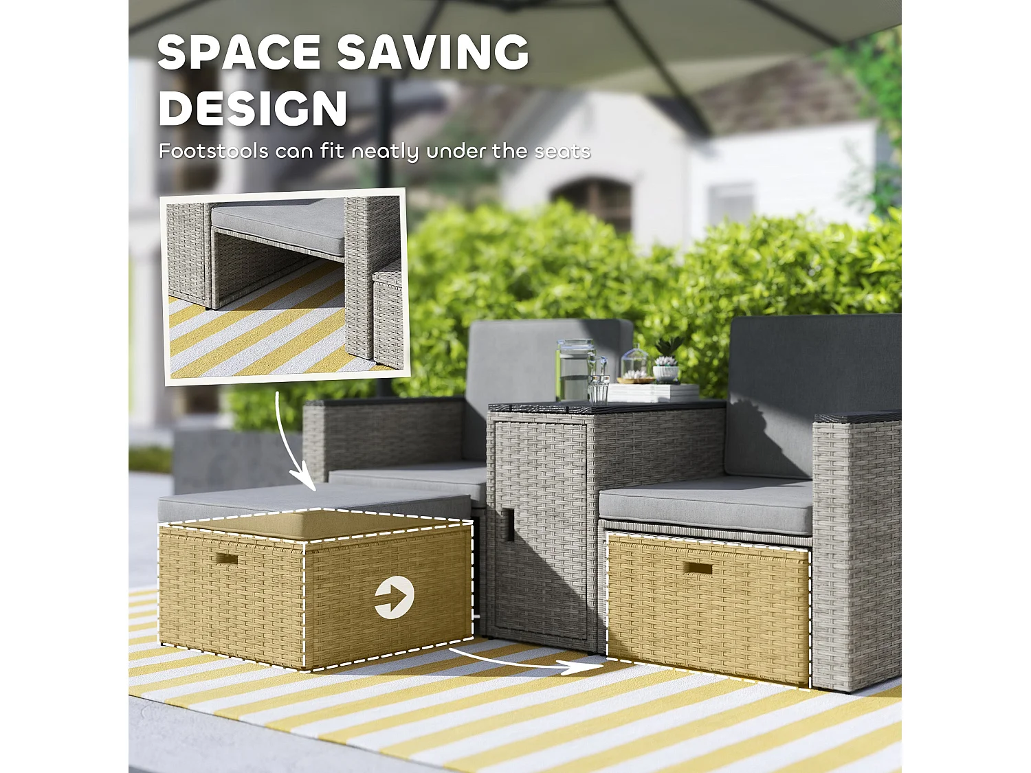 Naleni Grey 5 Piece Rattan Nesting Bistro Set with Footstools and Storage Table