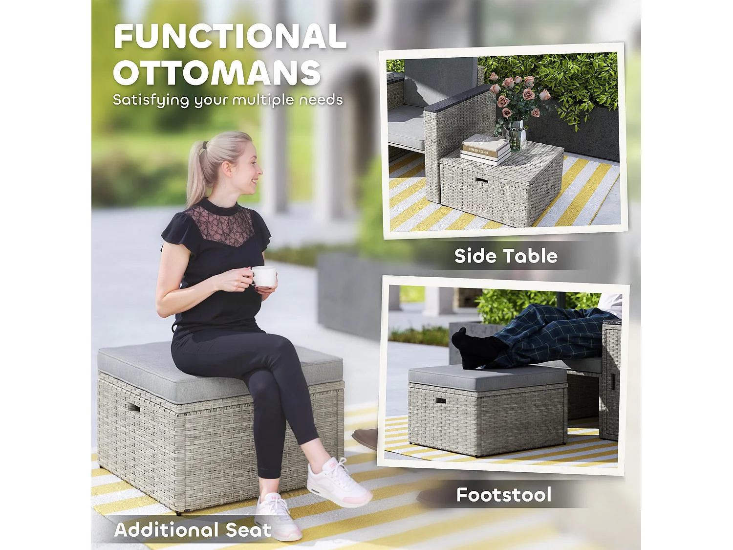 Naleni Grey 5 Piece Rattan Nesting Bistro Set with Footstools and Storage Table