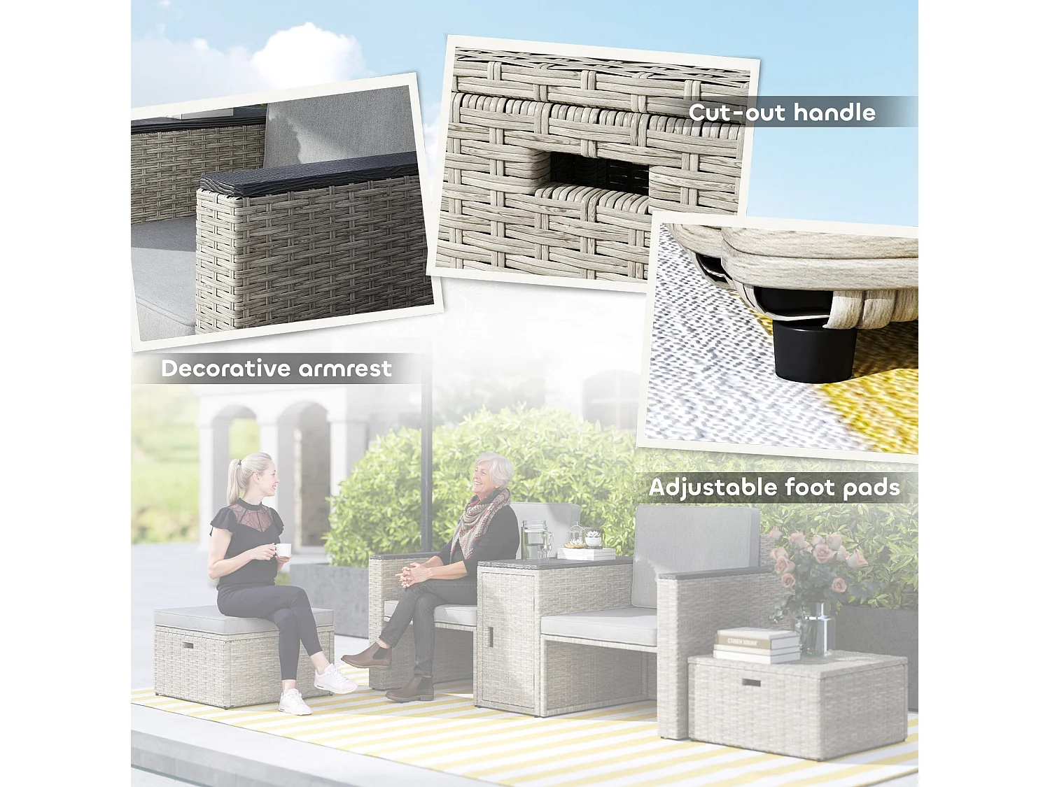 Naleni Grey 5 Piece Rattan Nesting Bistro Set with Footstools and Storage Table