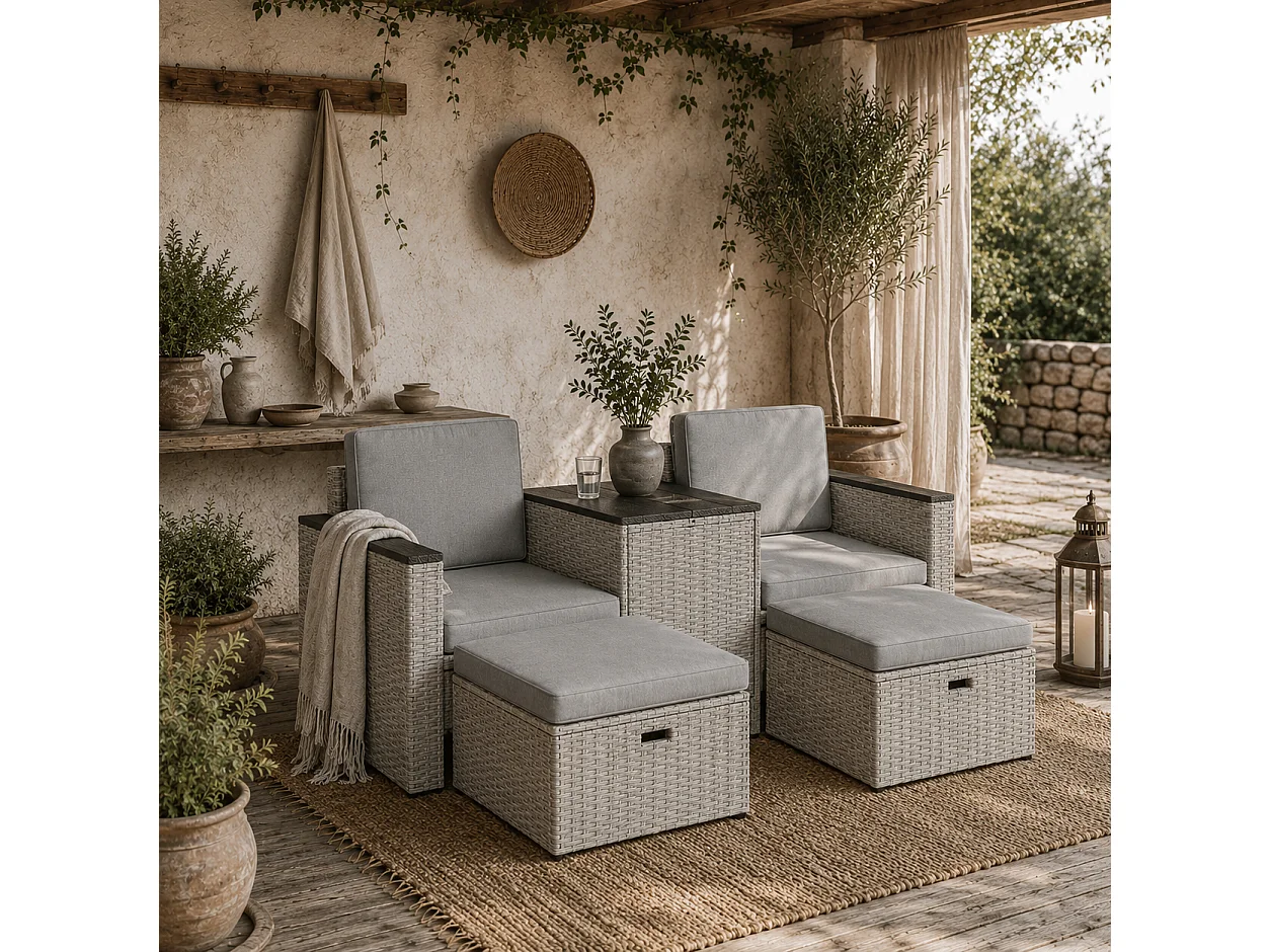 Naleni Grey 5 Piece Rattan Nesting Bistro Set with Footstools and Storage Table