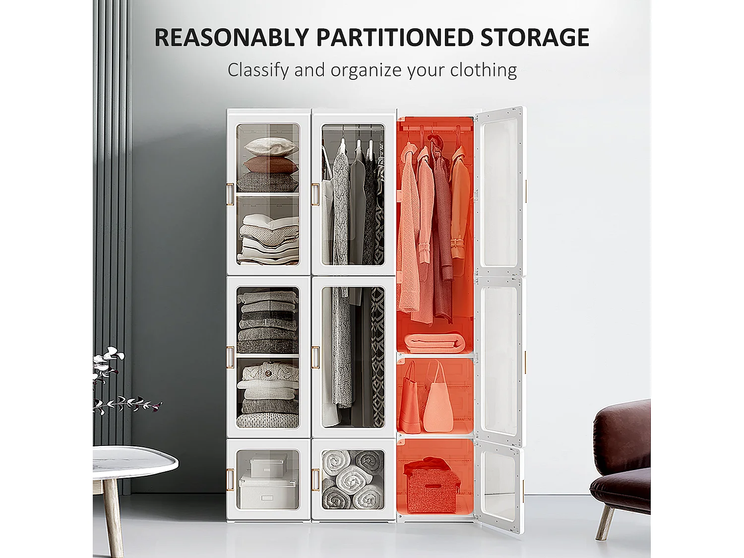 White Foldable Wardrobe with Cube Storage Hanging Rails and Magnetic Clear Doors