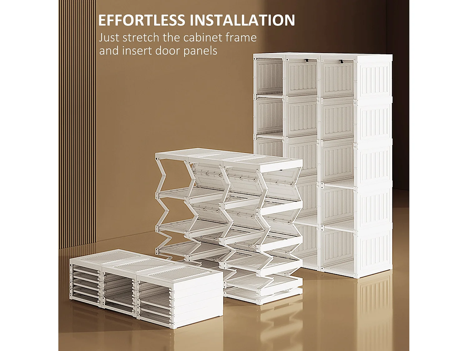 White Foldable Wardrobe with Cube Storage Hanging Rails and Magnetic Clear Doors