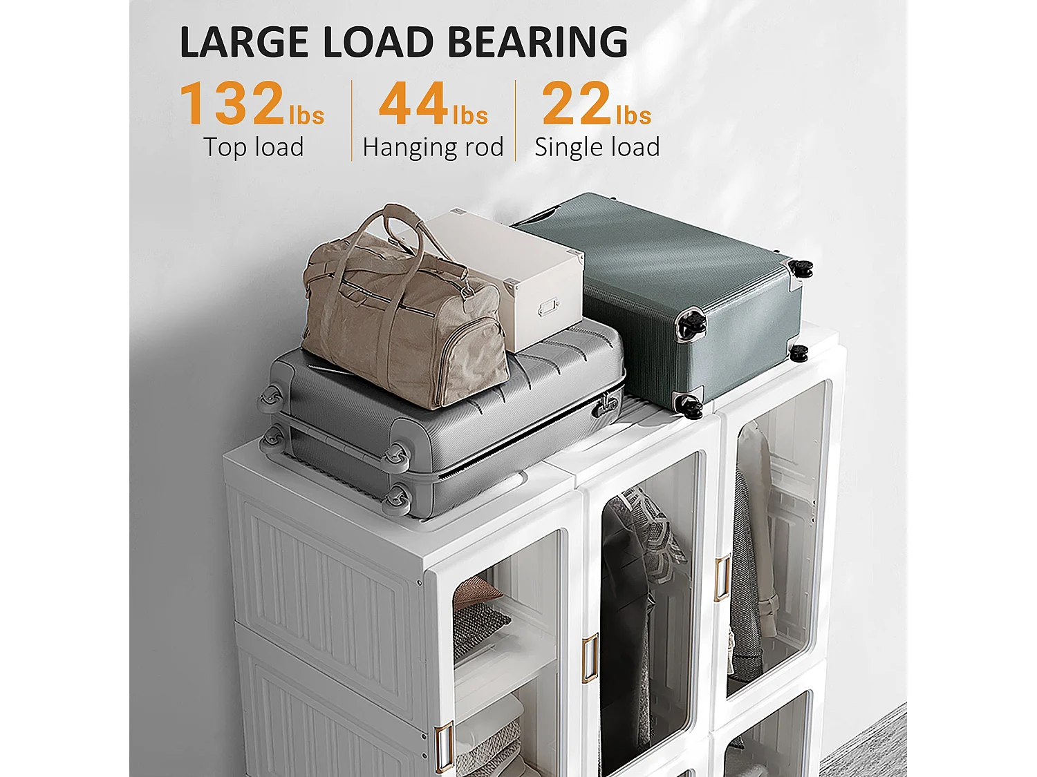 White Foldable Wardrobe with Cube Storage Hanging Rails and Magnetic Clear Doors