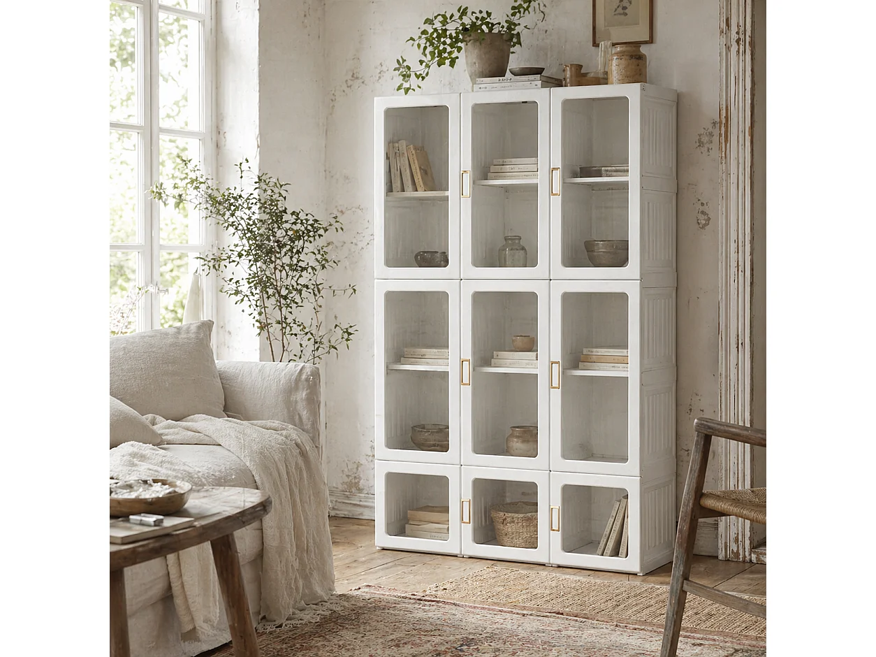 White Foldable Wardrobe with Cube Storage Hanging Rails and Magnetic Clear Doors