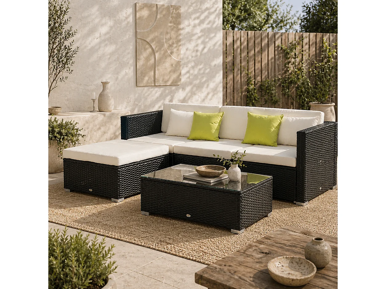 Dotodi Black Polypropylene Rattan 4 Seater Modular Outdoor Sofa Set with Rectangular Coffee Table