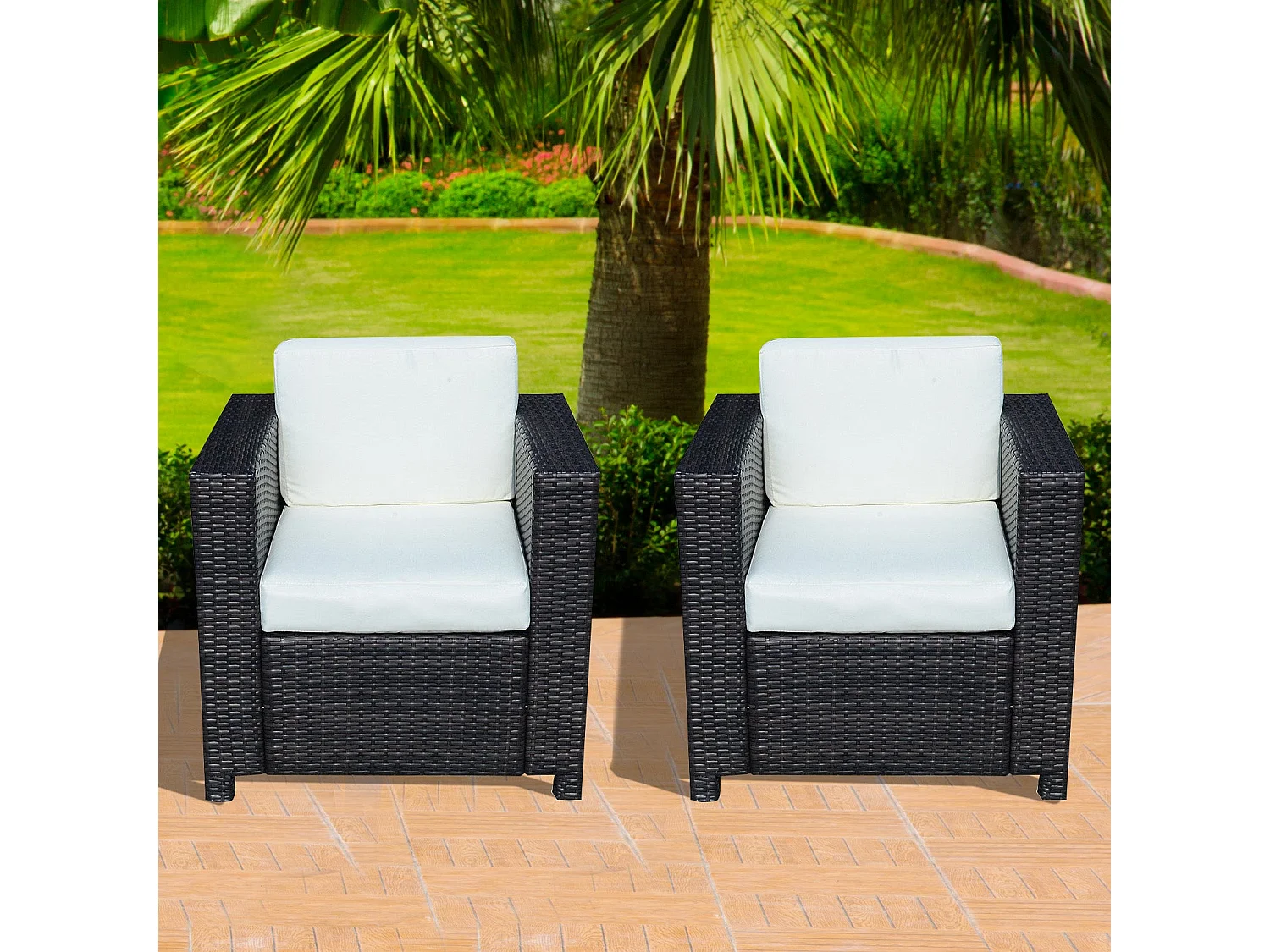 Vamino Black PE Rattan Set of 2 Armchairs with Cream Cushions Powder Coated Steel Frame