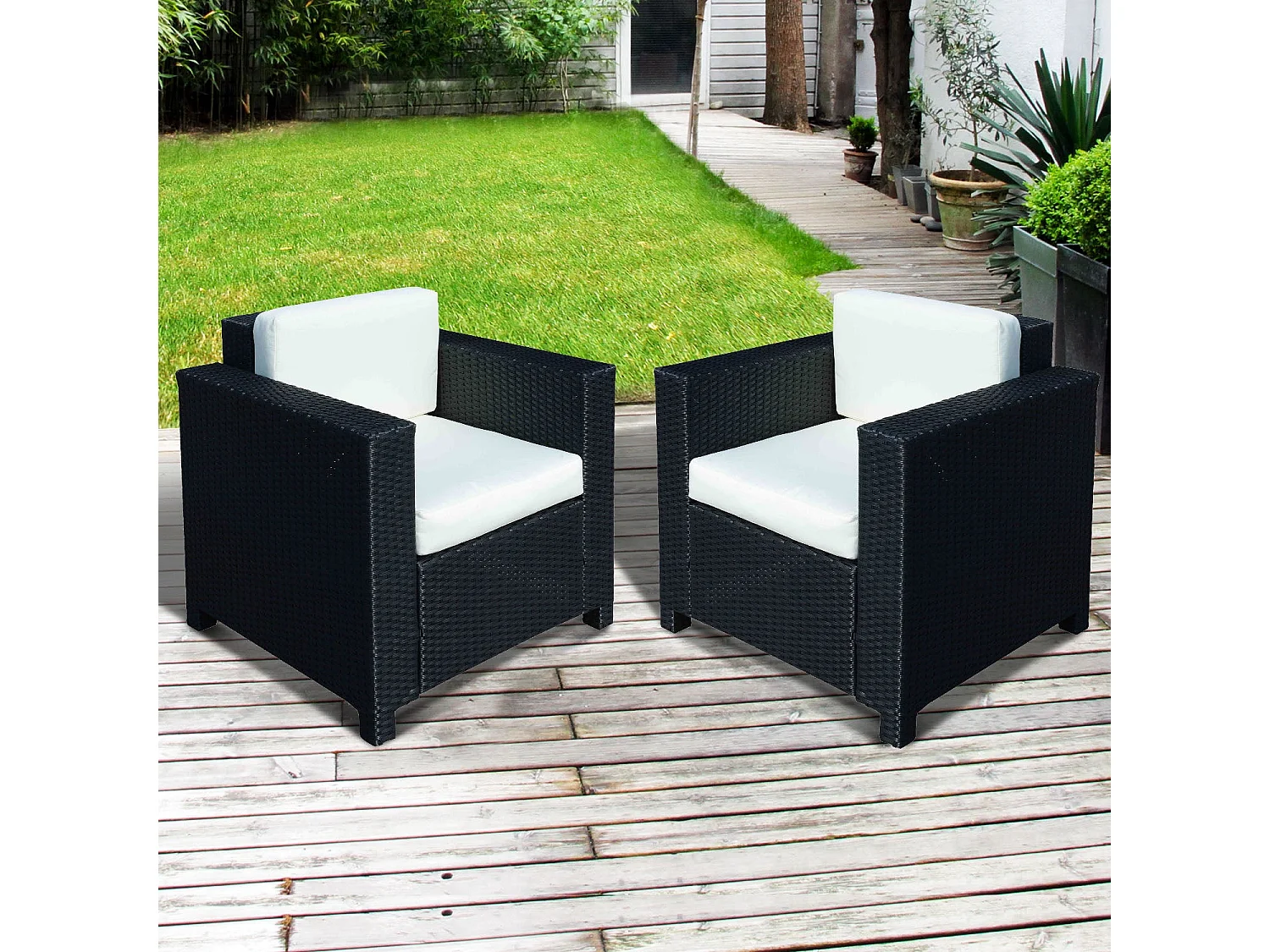 Vamino Black PE Rattan Set of 2 Armchairs with Cream Cushions Powder Coated Steel Frame