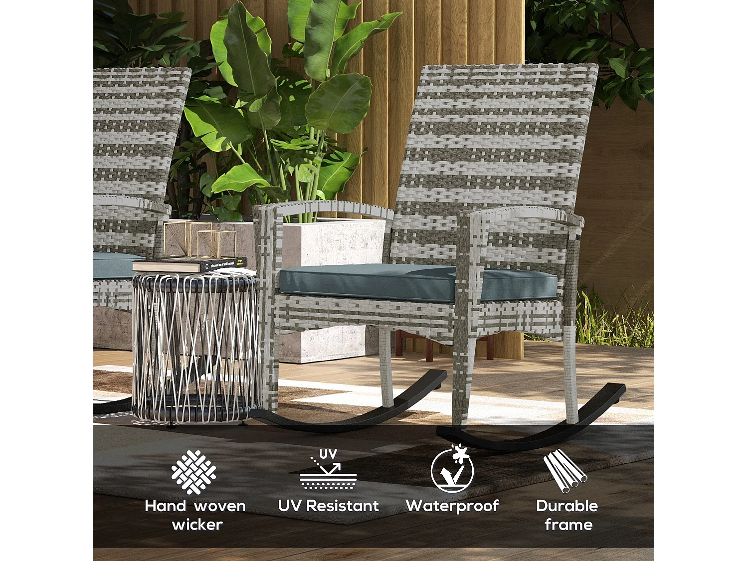 Noreke Set of 2 Light Grey Rattan Garden Rocking Chairs with Cushions