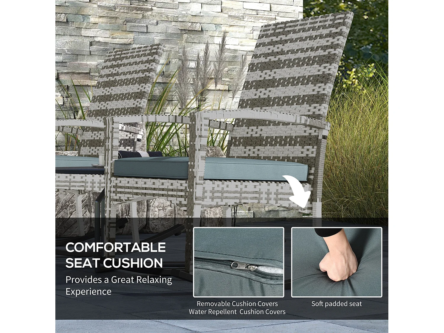 Noreke Set of 2 Light Grey Rattan Garden Rocking Chairs with Cushions