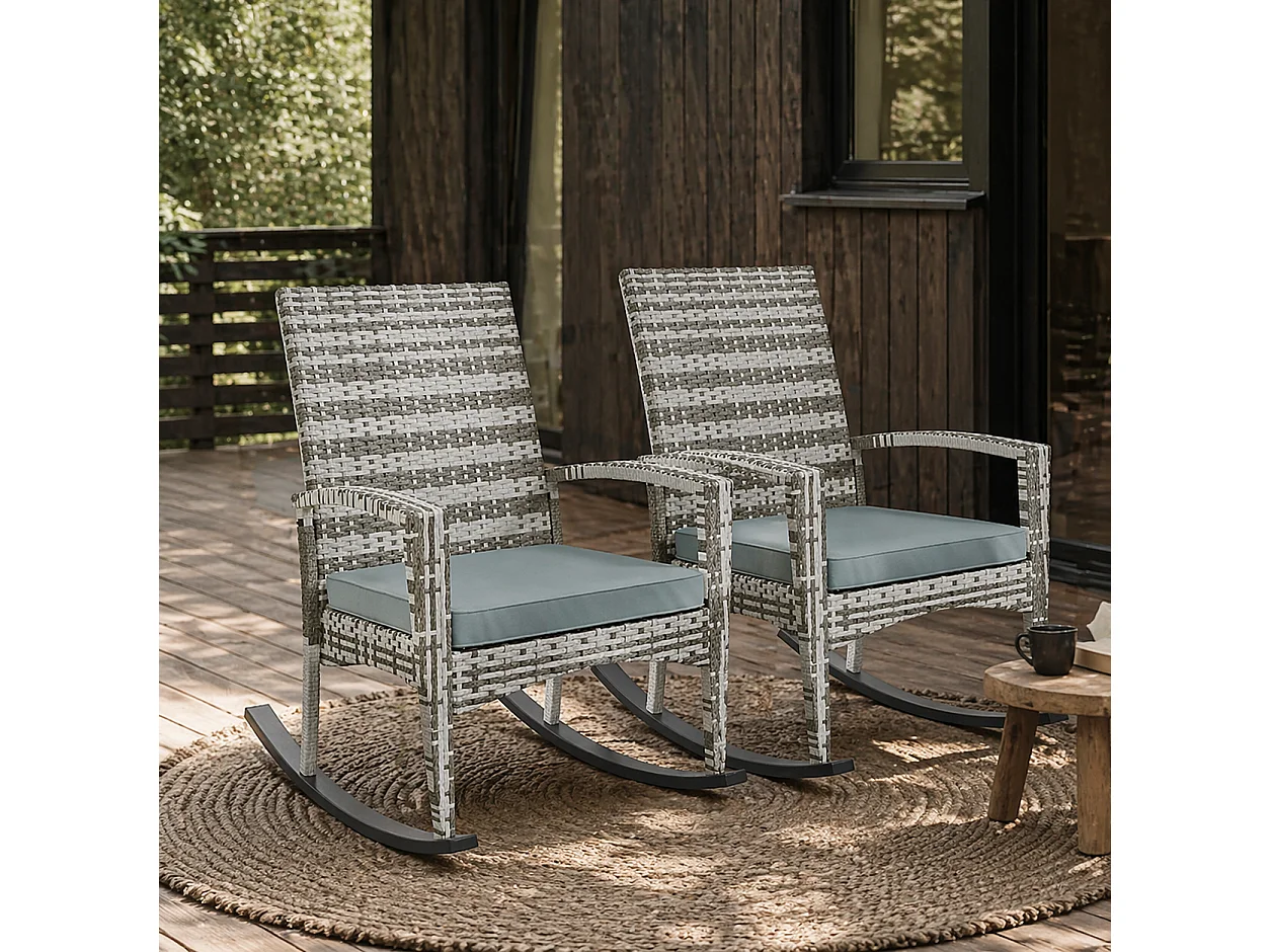Noreke Set of 2 Light Grey Rattan Garden Rocking Chairs with Cushions