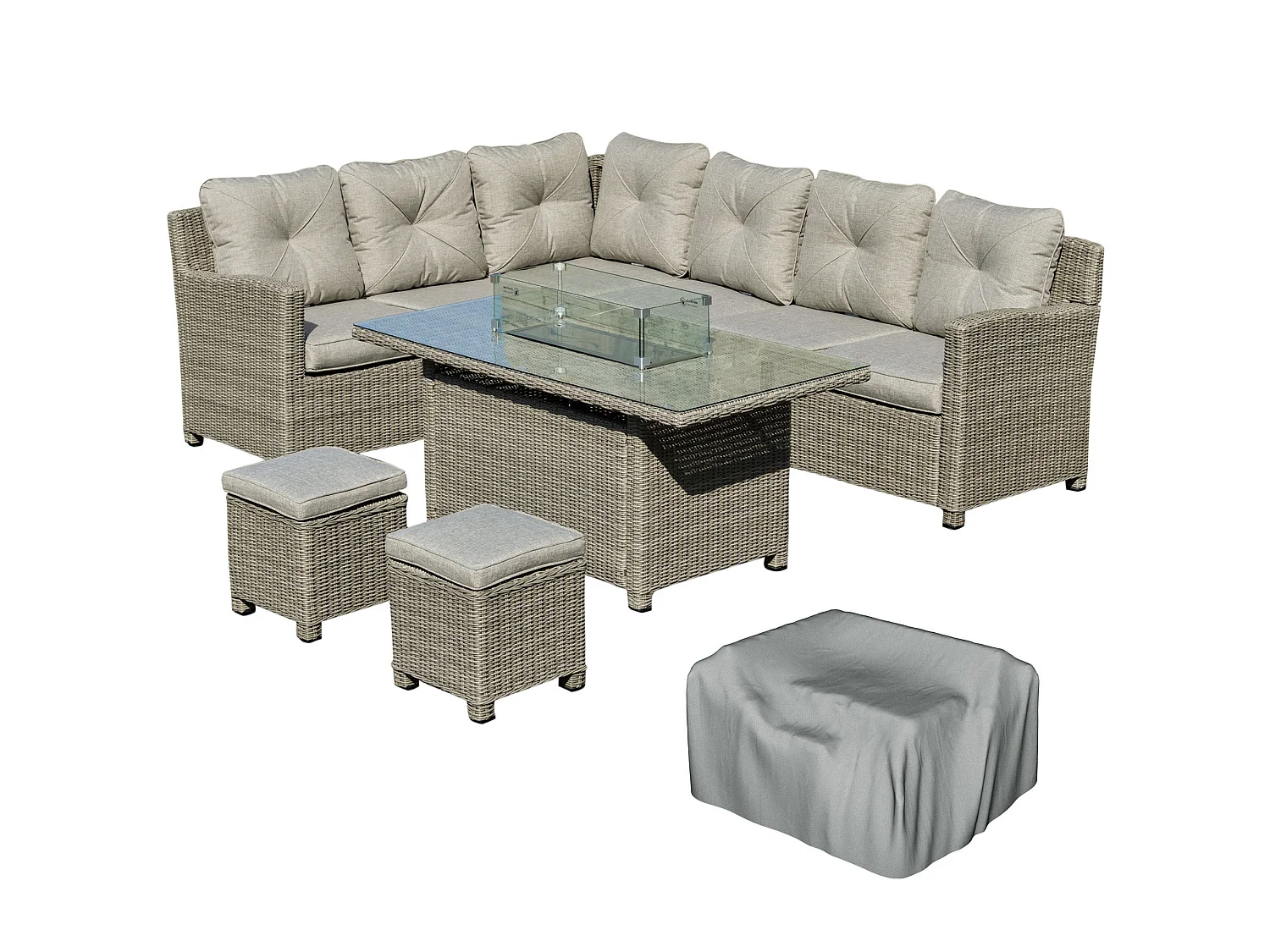 Fiva 8 Seater L Shaped Faux Rattan Outdoor Sofa Set with Gas Fire Pit Table 2 Footstools and Cover