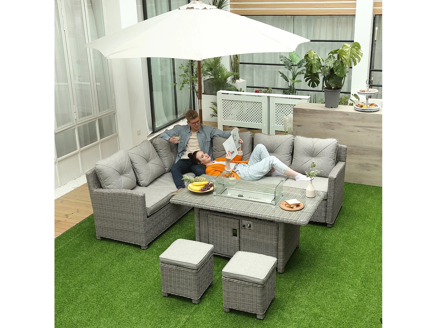 Fiva 8 Seater L Shaped Faux Rattan Outdoor Sofa Set with Gas Fire Pit Table 2 Footstools and Cover