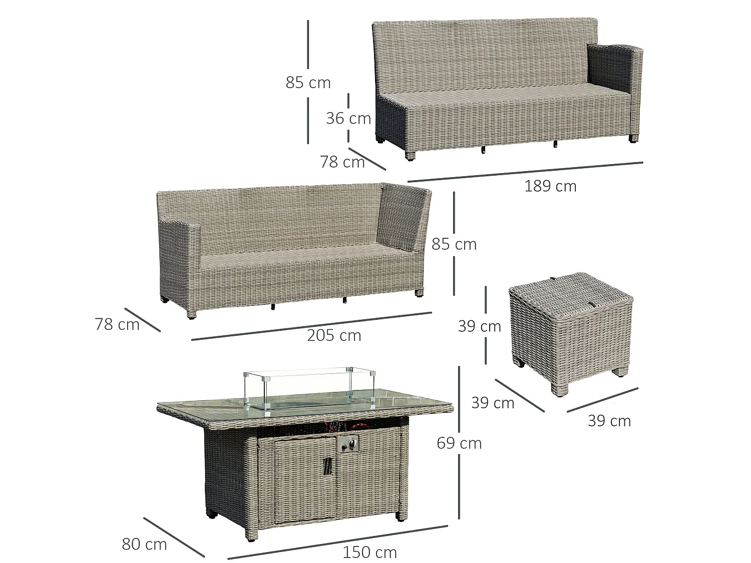 Fiva 8 Seater L Shaped Faux Rattan Outdoor Sofa Set with Gas Fire Pit Table 2 Footstools and Cover