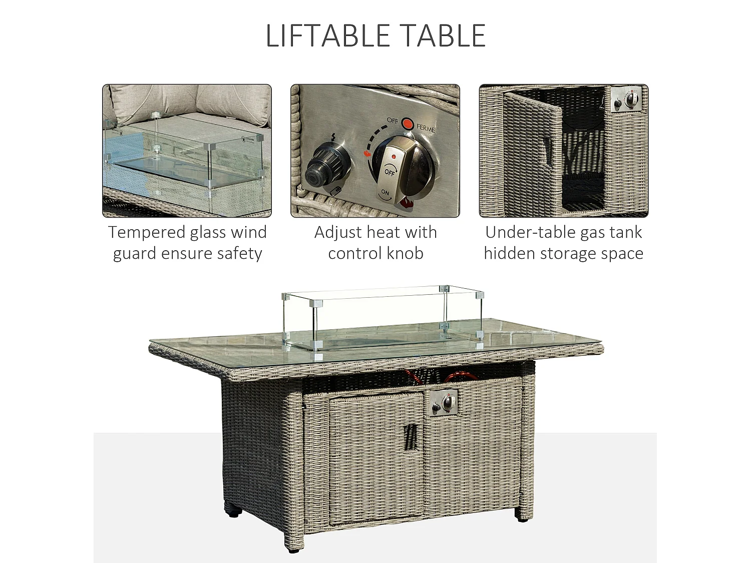 Fiva 8 Seater L Shaped Faux Rattan Outdoor Sofa Set with Gas Fire Pit Table 2 Footstools and Cover