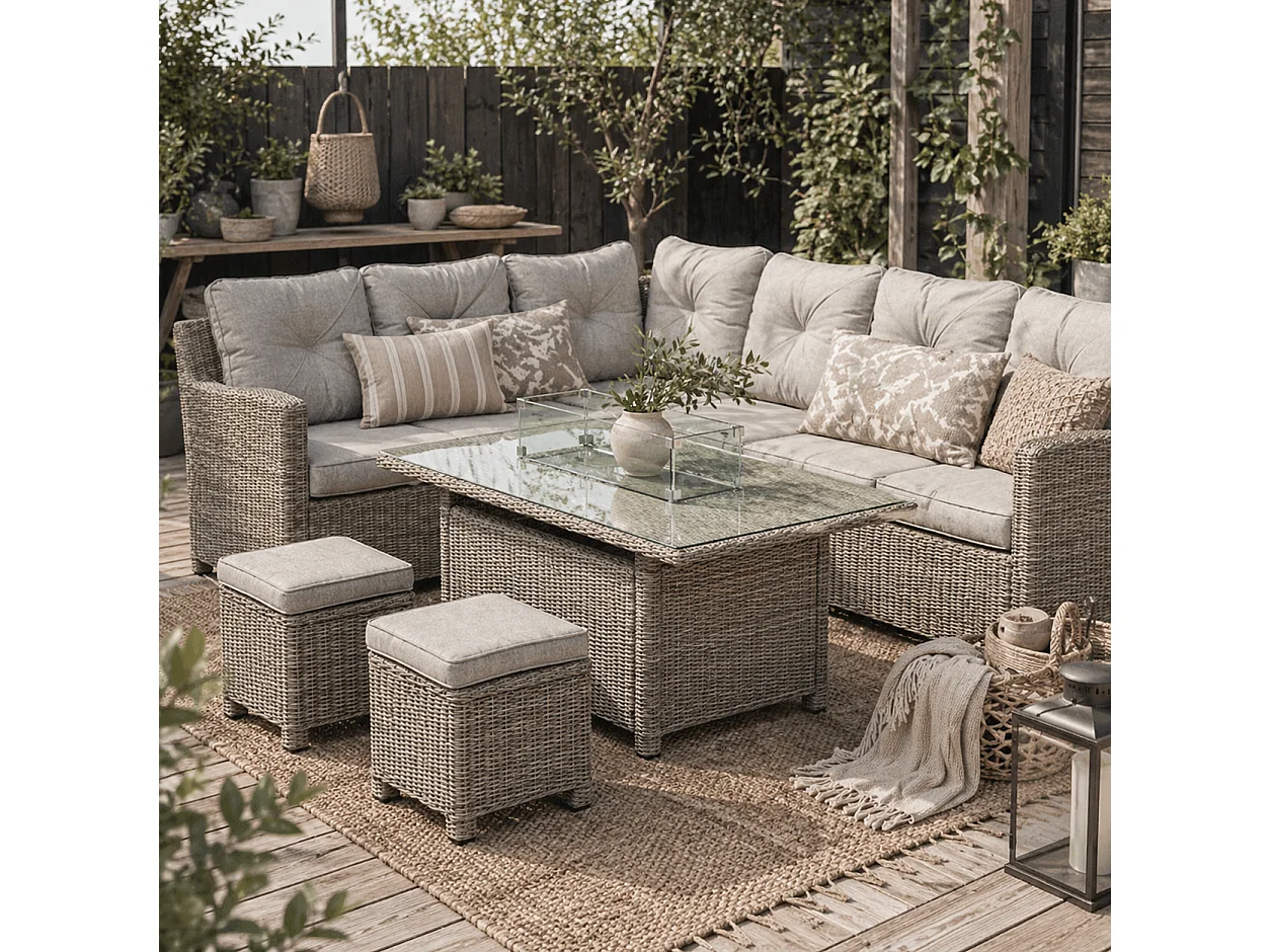 Fiva 8 Seater L Shaped Faux Rattan Outdoor Sofa Set with Gas Fire Pit Table 2 Footstools and Cover