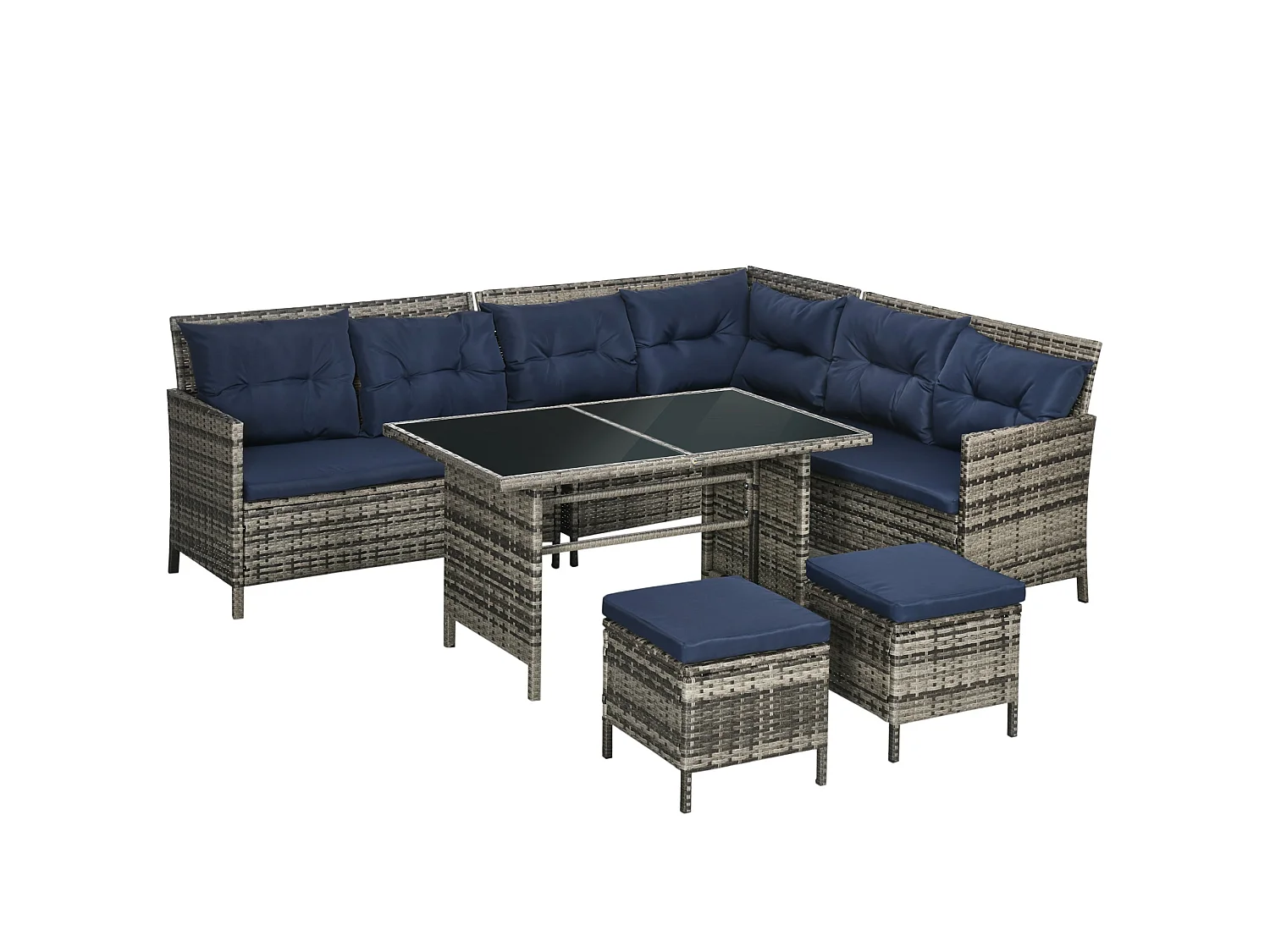 Rarapa Dark Blue 7 Seater Rattan Garden Sofa Set with Glass Table and Cushions