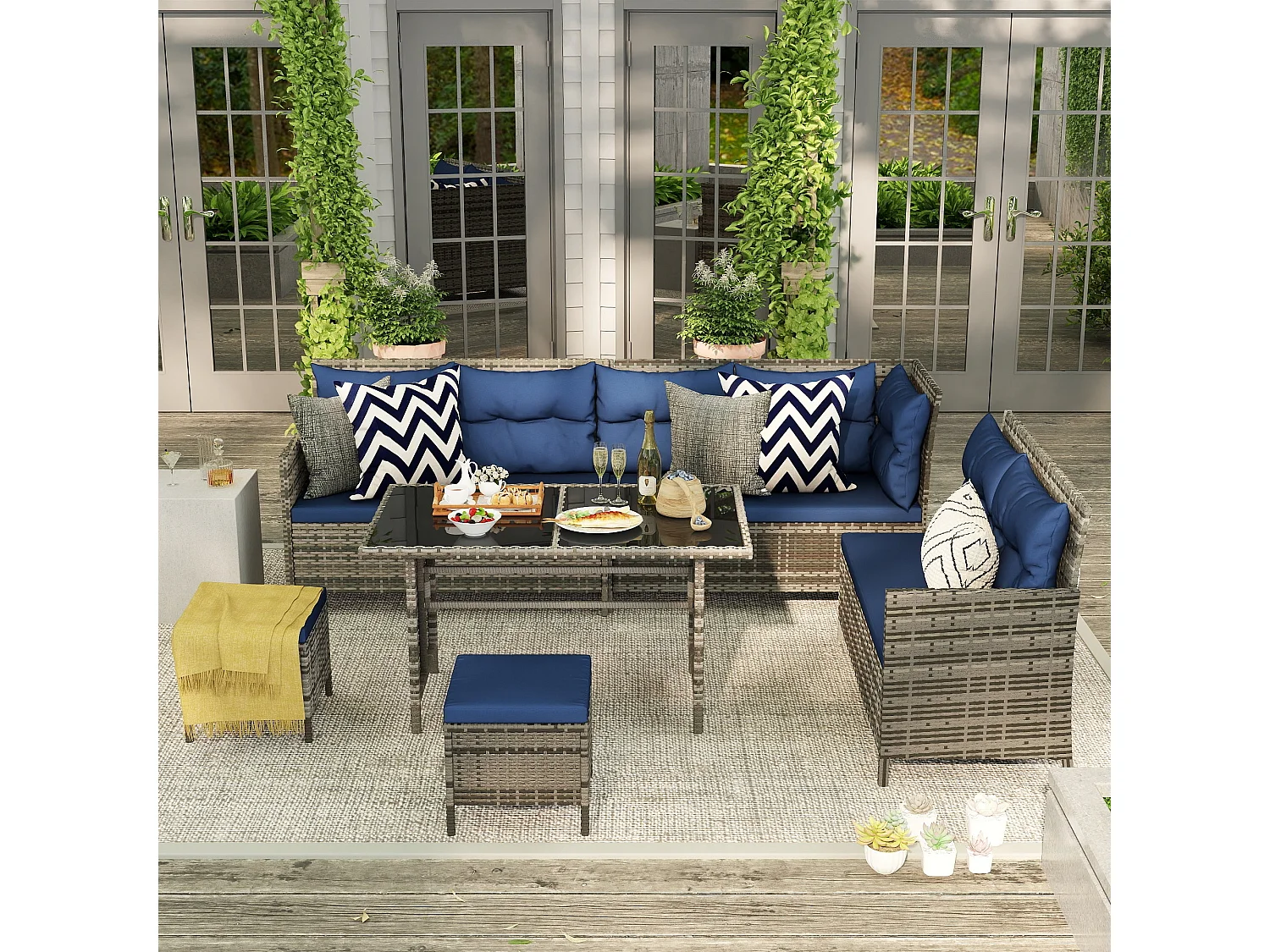 Rarapa Dark Blue 7 Seater Rattan Garden Sofa Set with Glass Table and Cushions