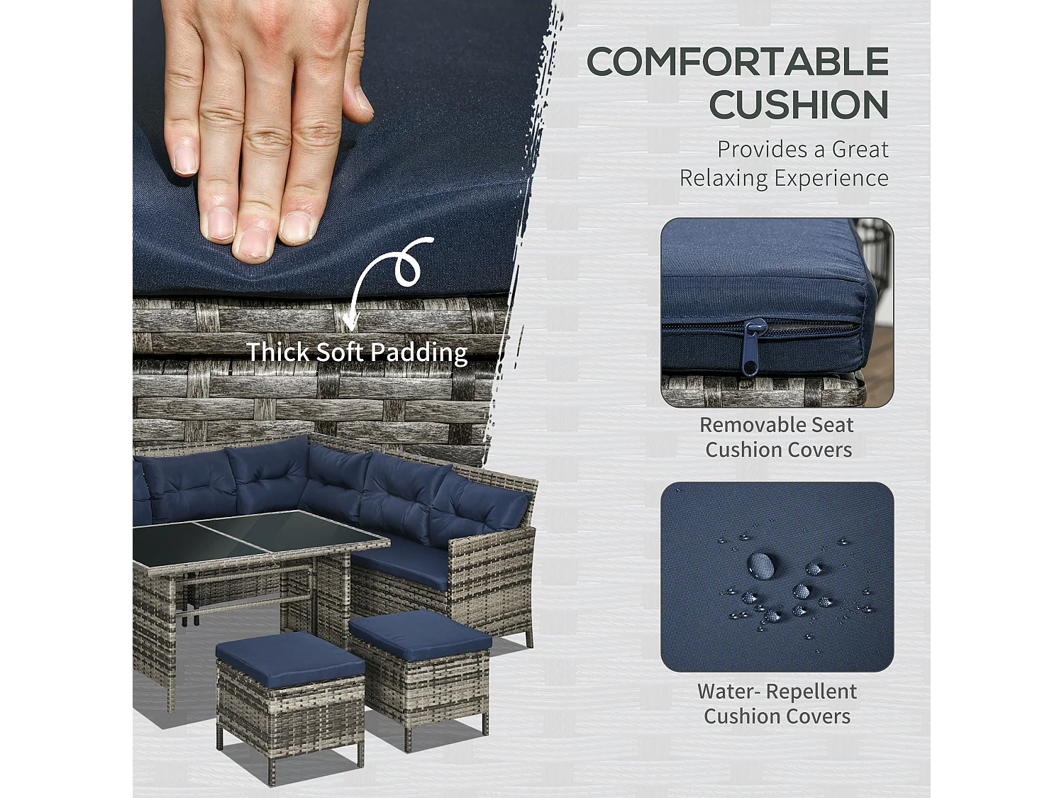 Rarapa Dark Blue 7 Seater Rattan Garden Sofa Set with Glass Table and Cushions