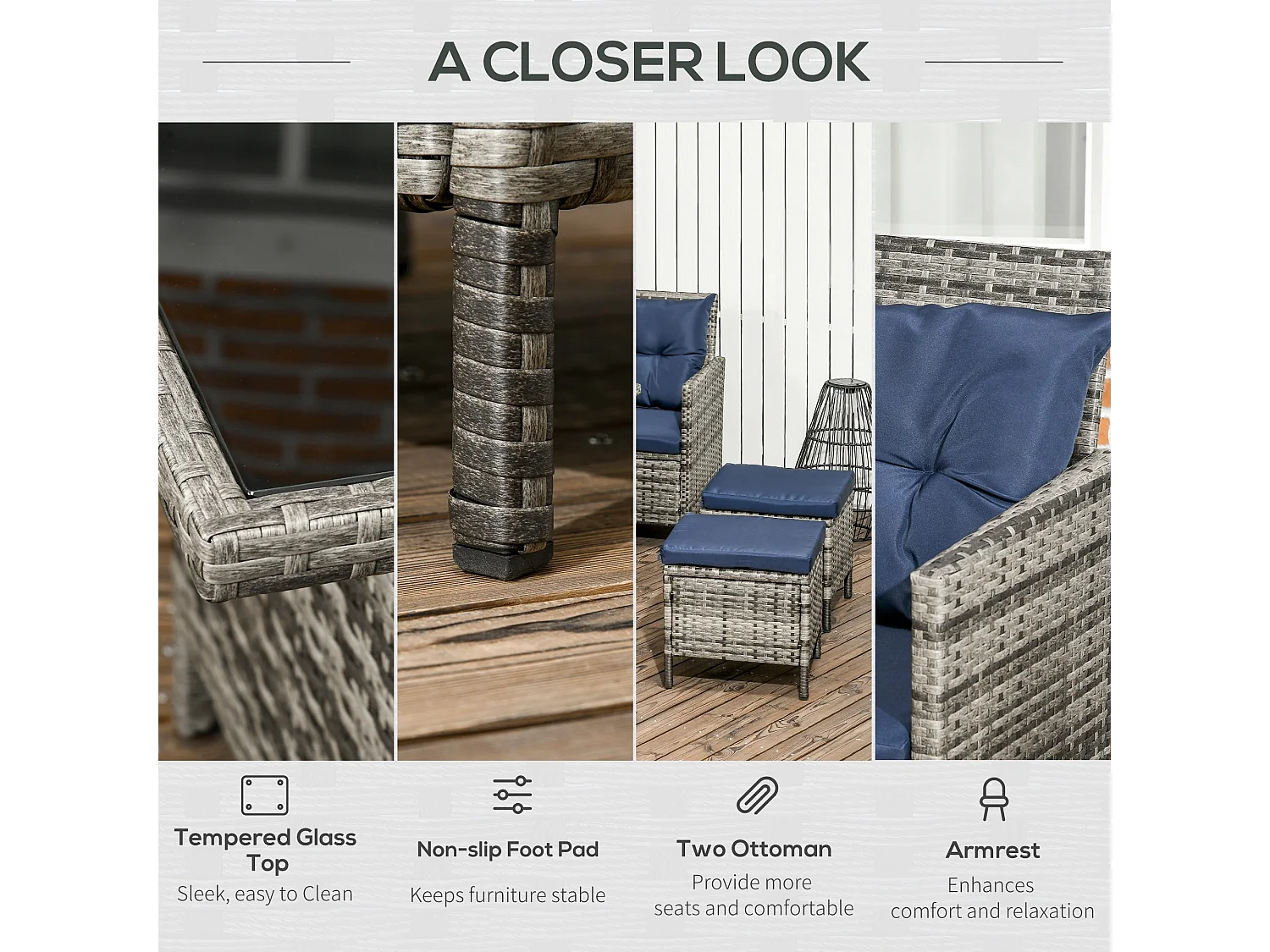 Rarapa Dark Blue 7 Seater Rattan Garden Sofa Set with Glass Table and Cushions