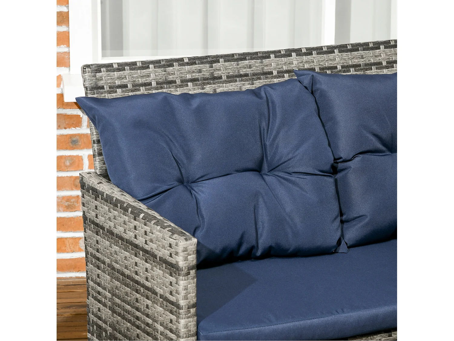 Rarapa Dark Blue 7 Seater Rattan Garden Sofa Set with Glass Table and Cushions