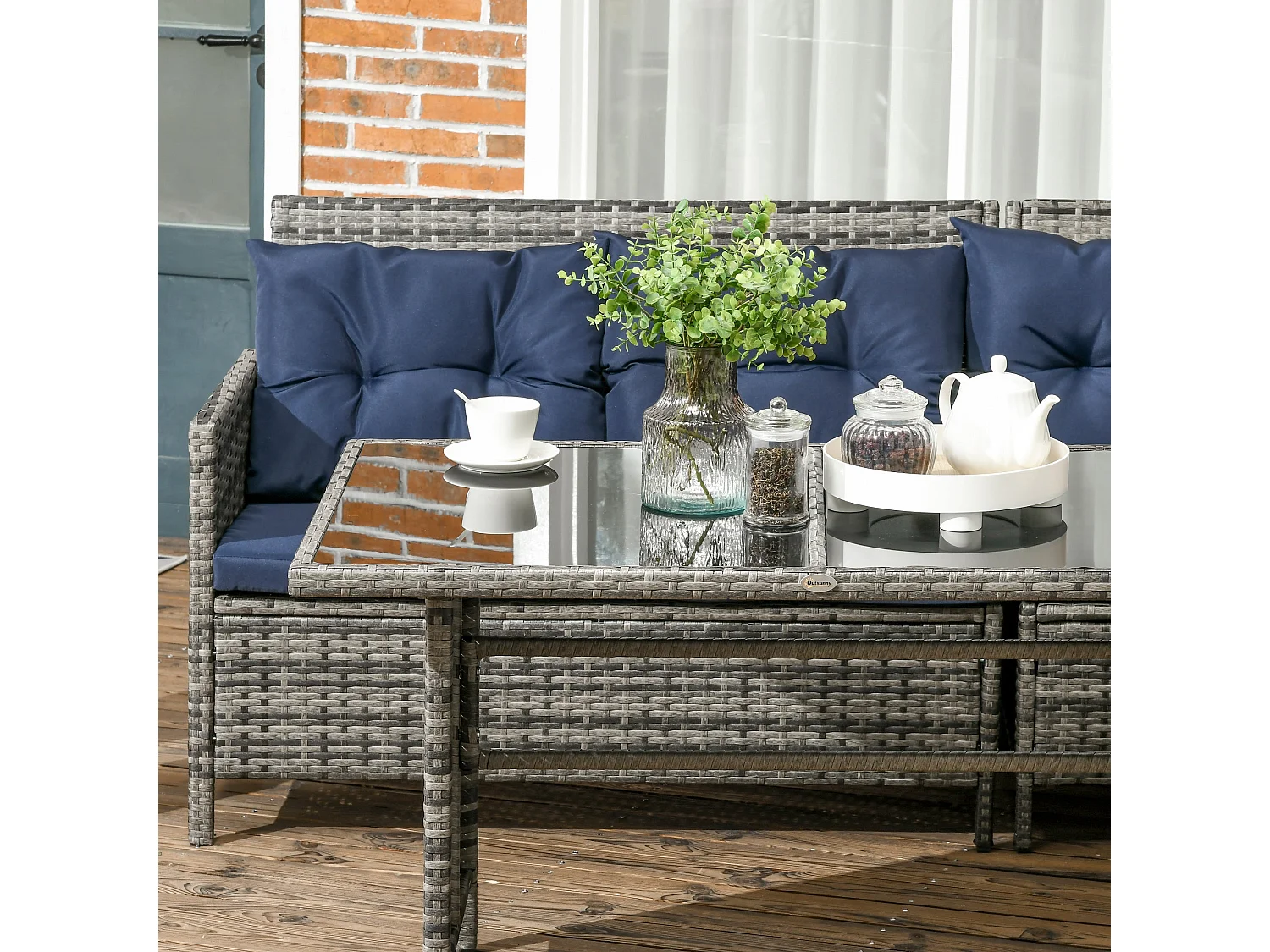 Rarapa Dark Blue 7 Seater Rattan Garden Sofa Set with Glass Table and Cushions