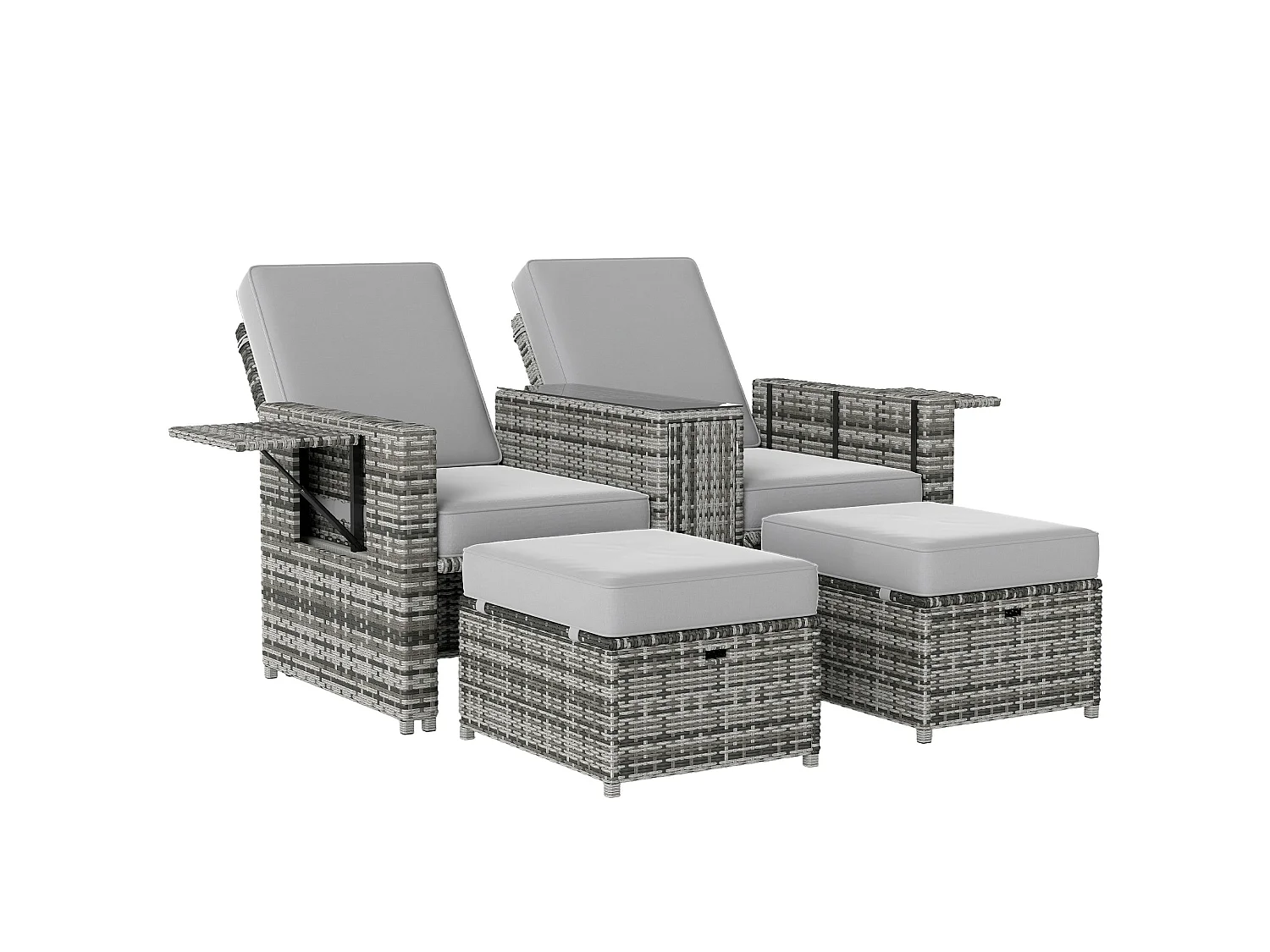 Saelmo Grey 5 Piece Rattan Sun Lounger Set 2 Reclining Chairs Storage Footstools Tempered Glass Side Table
