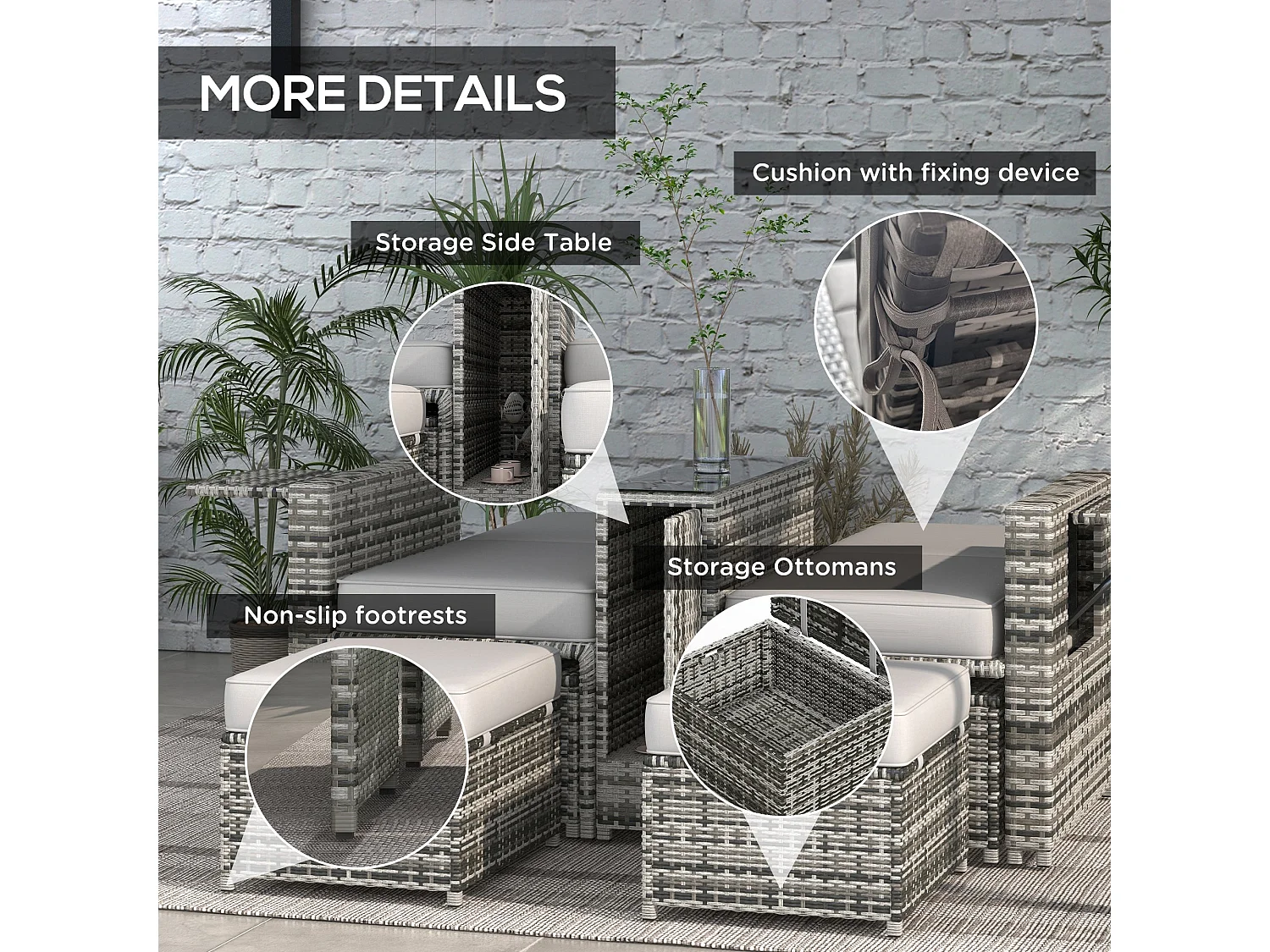 Saelmo Grey 5 Piece Rattan Sun Lounger Set 2 Reclining Chairs Storage Footstools Tempered Glass Side Table