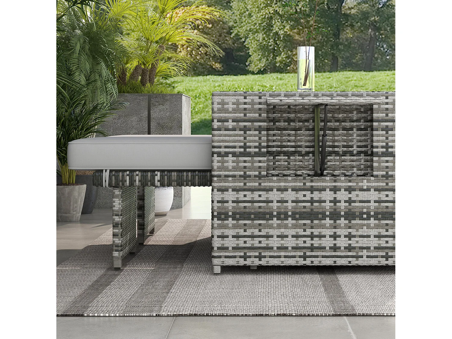 Saelmo Grey 5 Piece Rattan Sun Lounger Set 2 Reclining Chairs Storage Footstools Tempered Glass Side Table