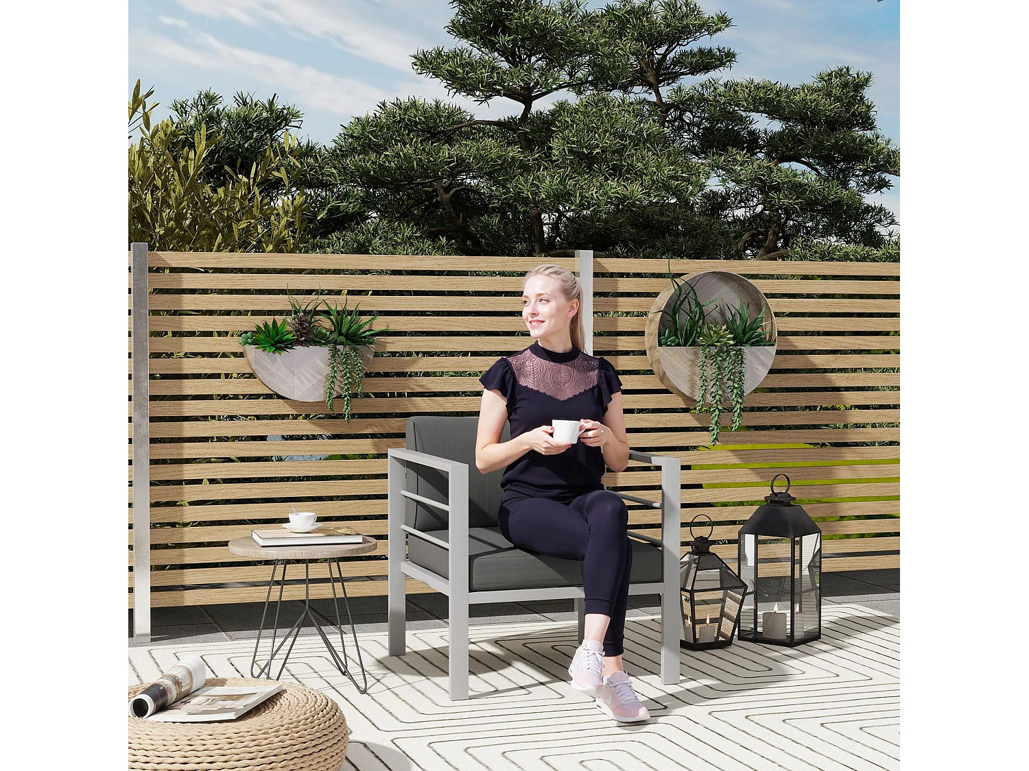Ketael Set of 2 Dark Grey Outdoor Metal Garden Chairs with Cushions
