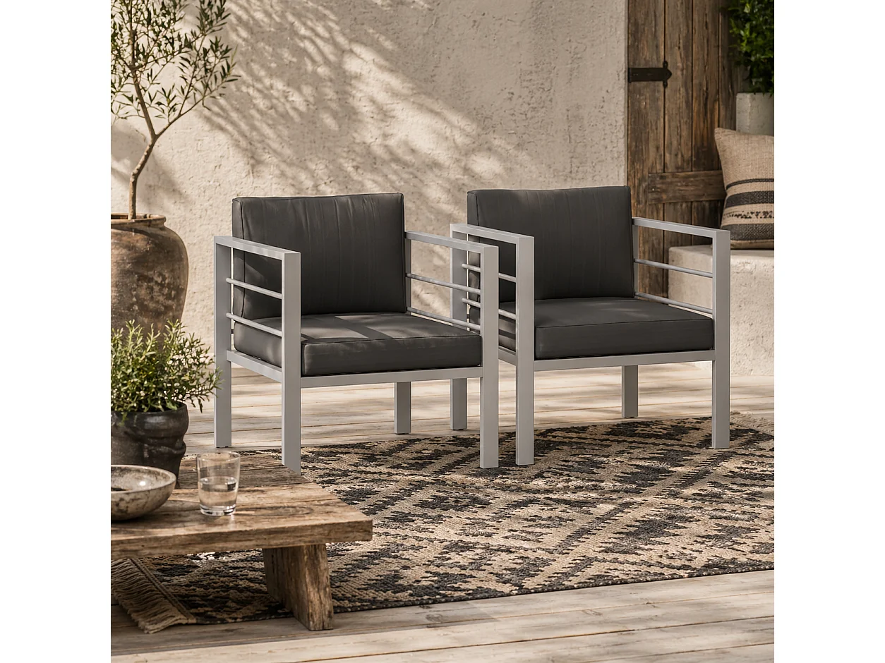 Ketael Set of 2 Dark Grey Outdoor Metal Garden Chairs with Cushions