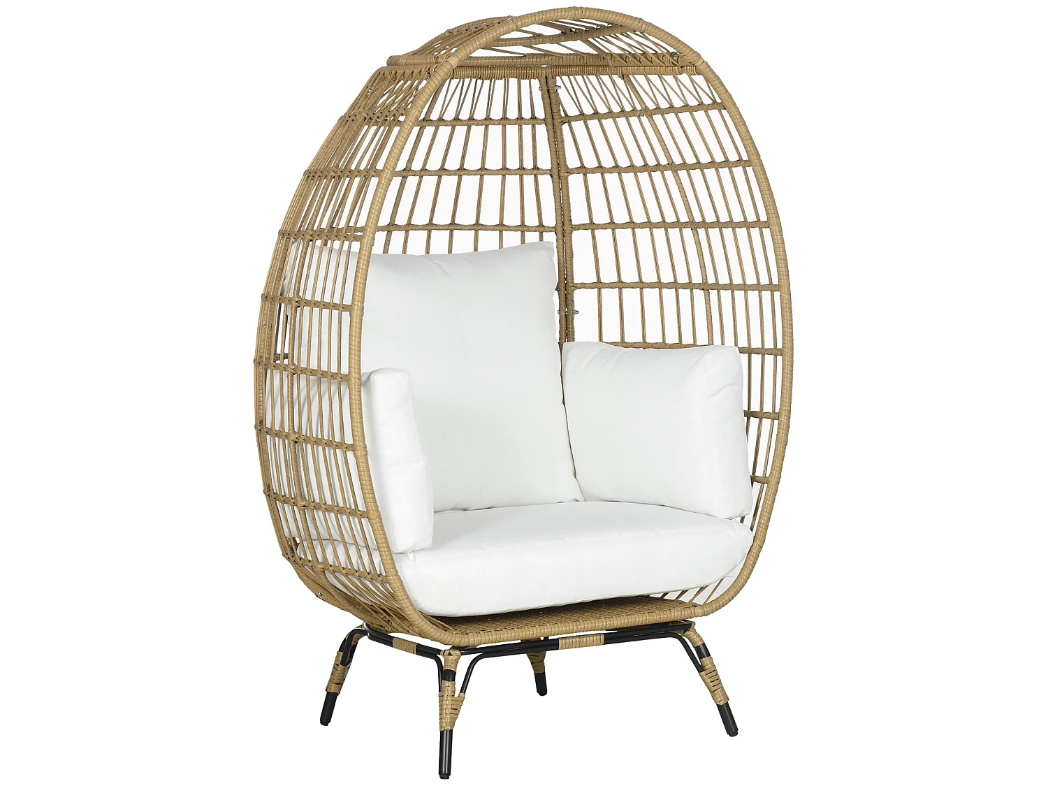 Khaki Rattan Style Egg Chair with White Cushions and Pillows