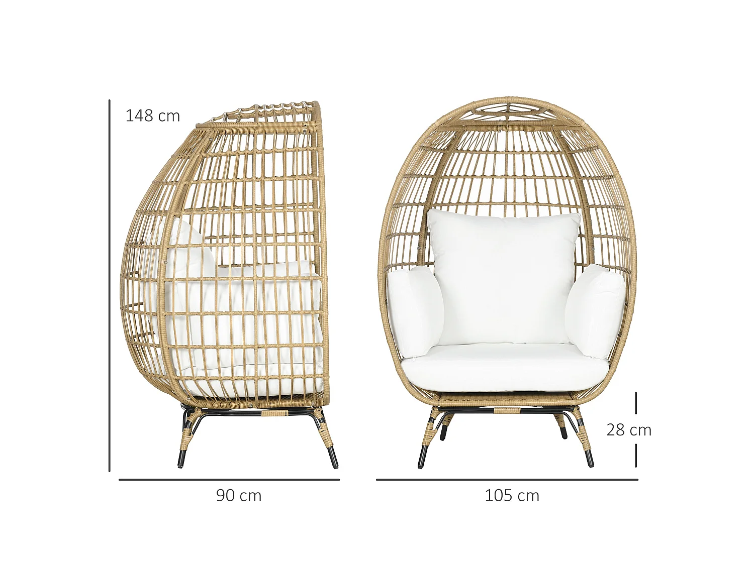 Khaki Rattan Style Egg Chair with White Cushions and Pillows