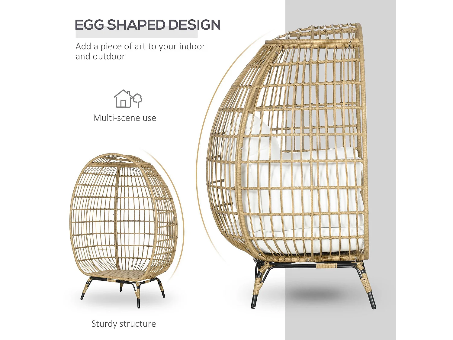 Khaki Rattan Style Egg Chair with White Cushions and Pillows