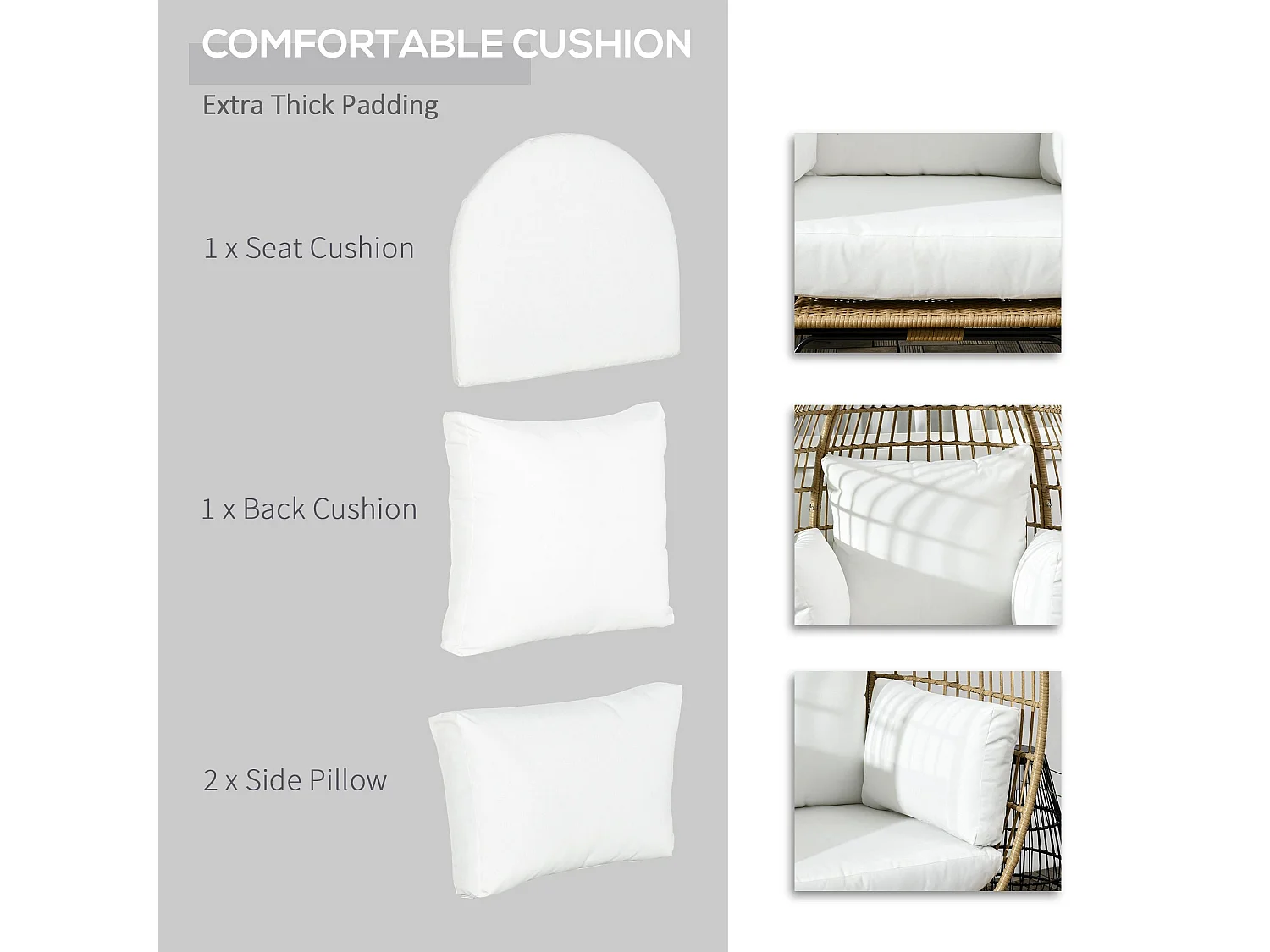Khaki Rattan Style Egg Chair with White Cushions and Pillows