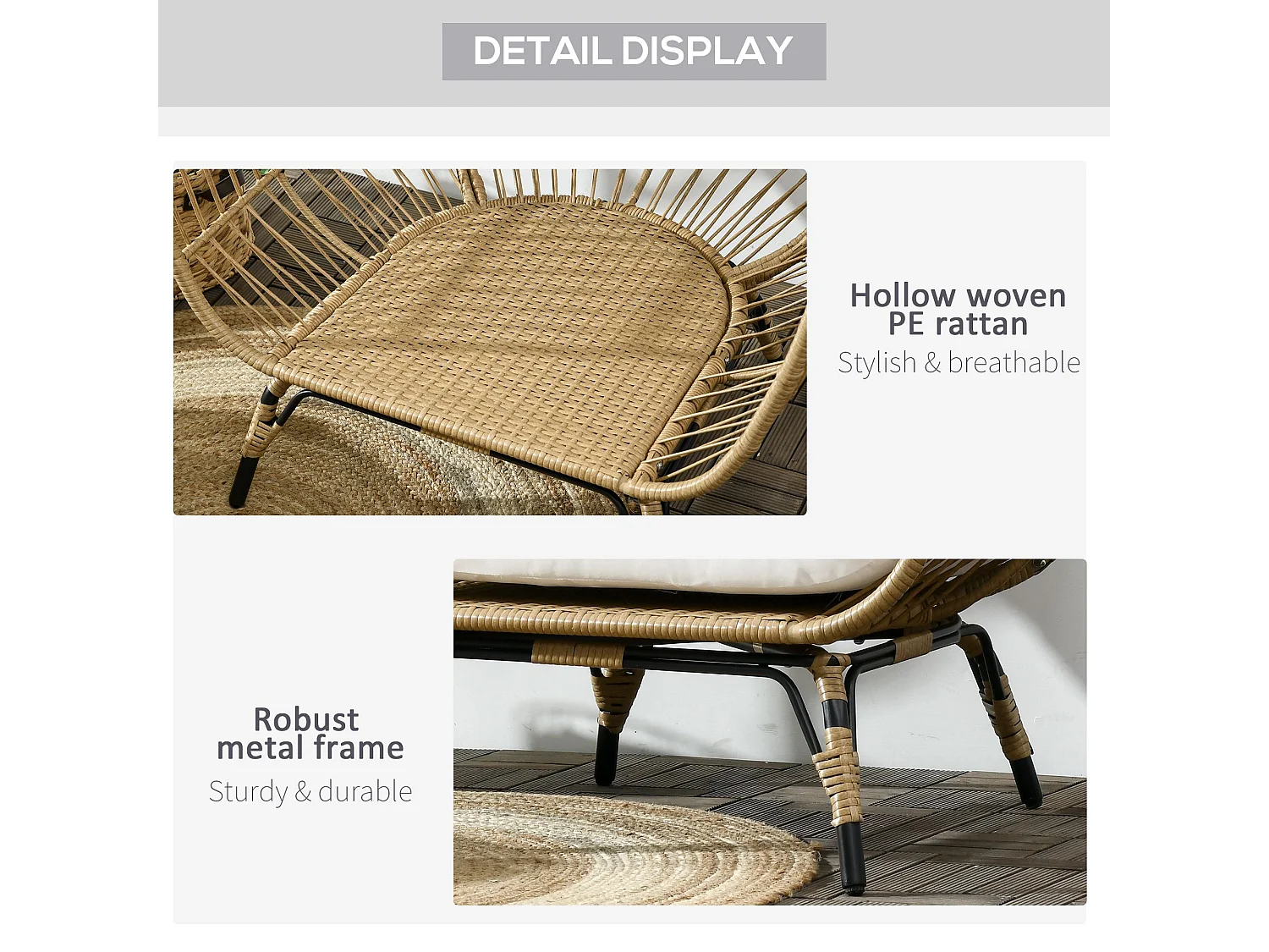 Khaki Rattan Style Egg Chair with White Cushions and Pillows