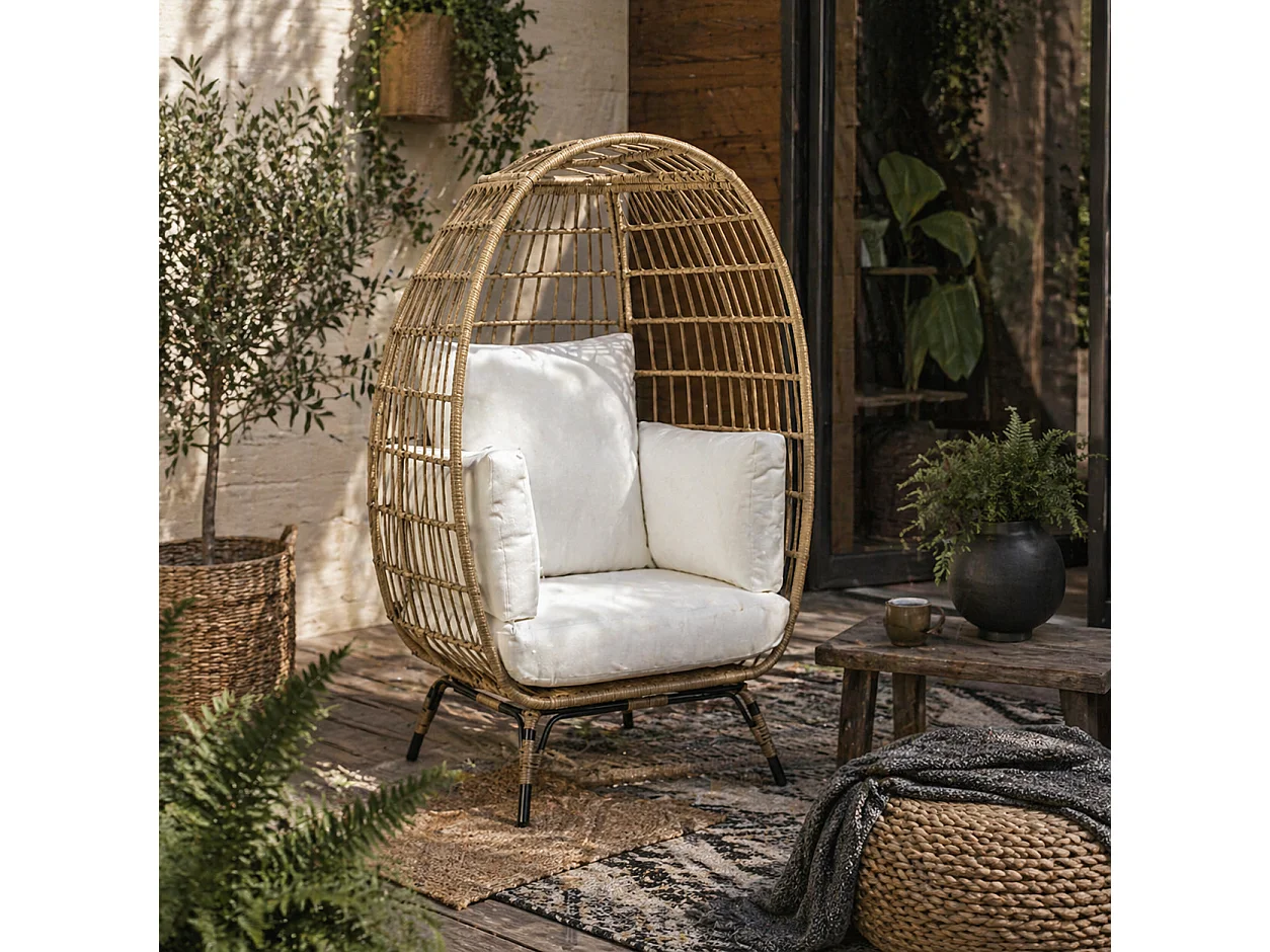 Khaki Rattan Style Egg Chair with White Cushions and Pillows