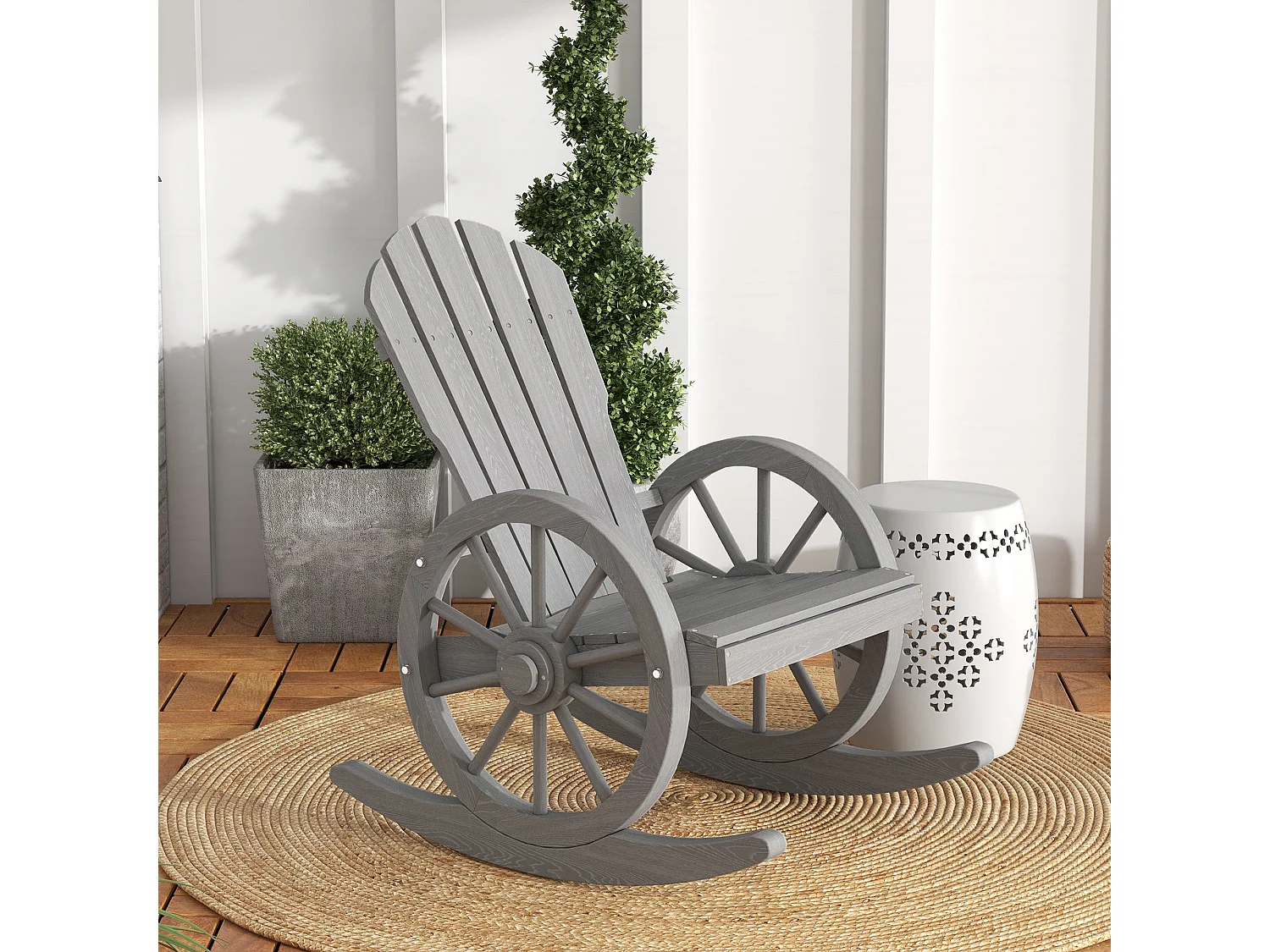 Elna Grey Fir Wood Adirondack Outdoor Rocking Armchair with Reclining Back