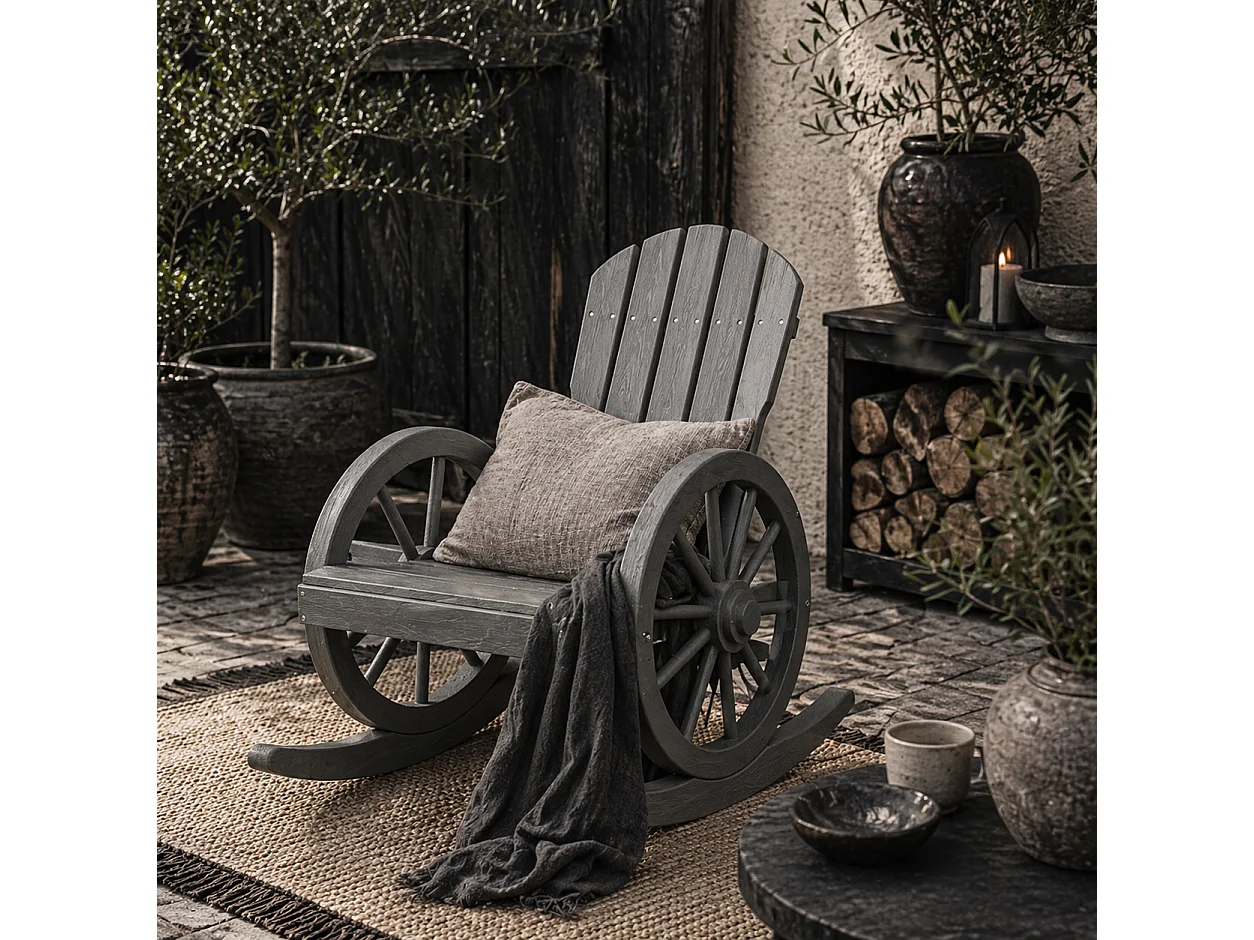 Elna Grey Fir Wood Adirondack Outdoor Rocking Armchair with Reclining Back